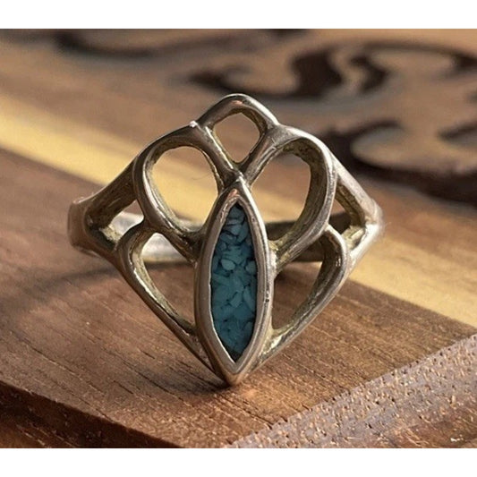 Vintage Sterling Silver Turquoise Inlay Ring Size 4.5 Openwork Geometric