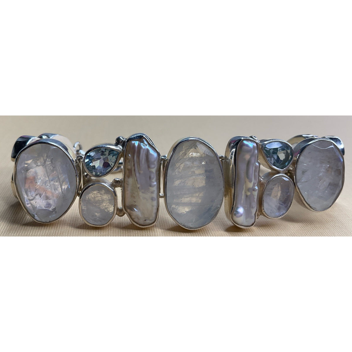 Vintage Sterling Silver Rainbow Moonstone Pearl Multi Gemstone Bracelet