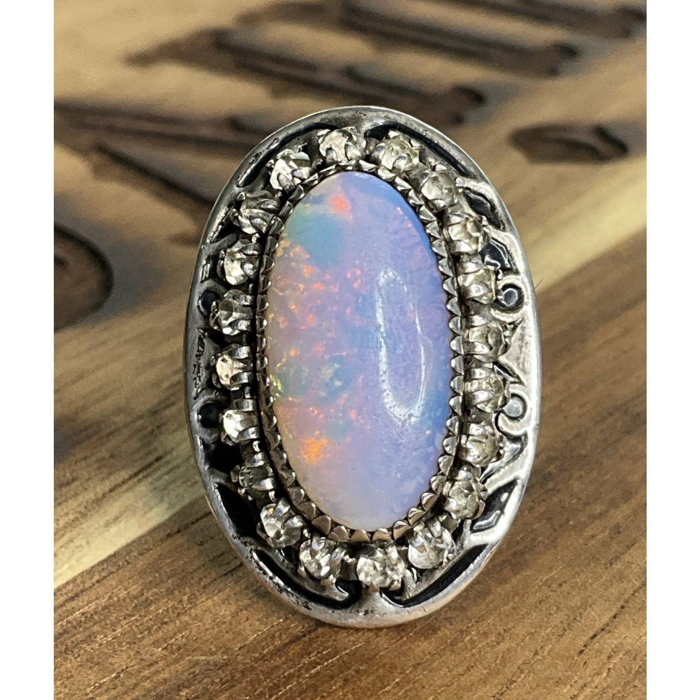 Vintage Opal Oval Cabochon Crystal Halo Sterling Silver Statement Ring 6.5