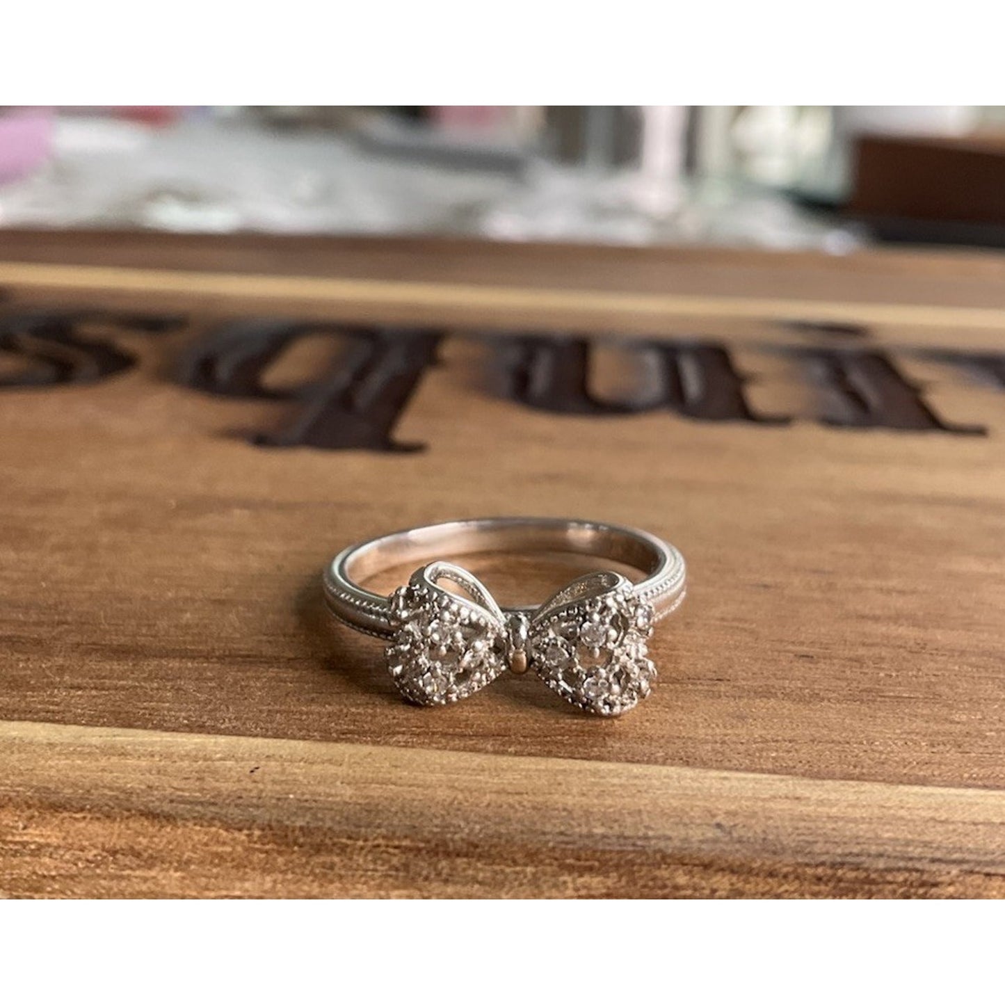 Sterling Silver Bow Ring S925 CZ Bow Tie Ring Dainty Sparkle Ring Size 7