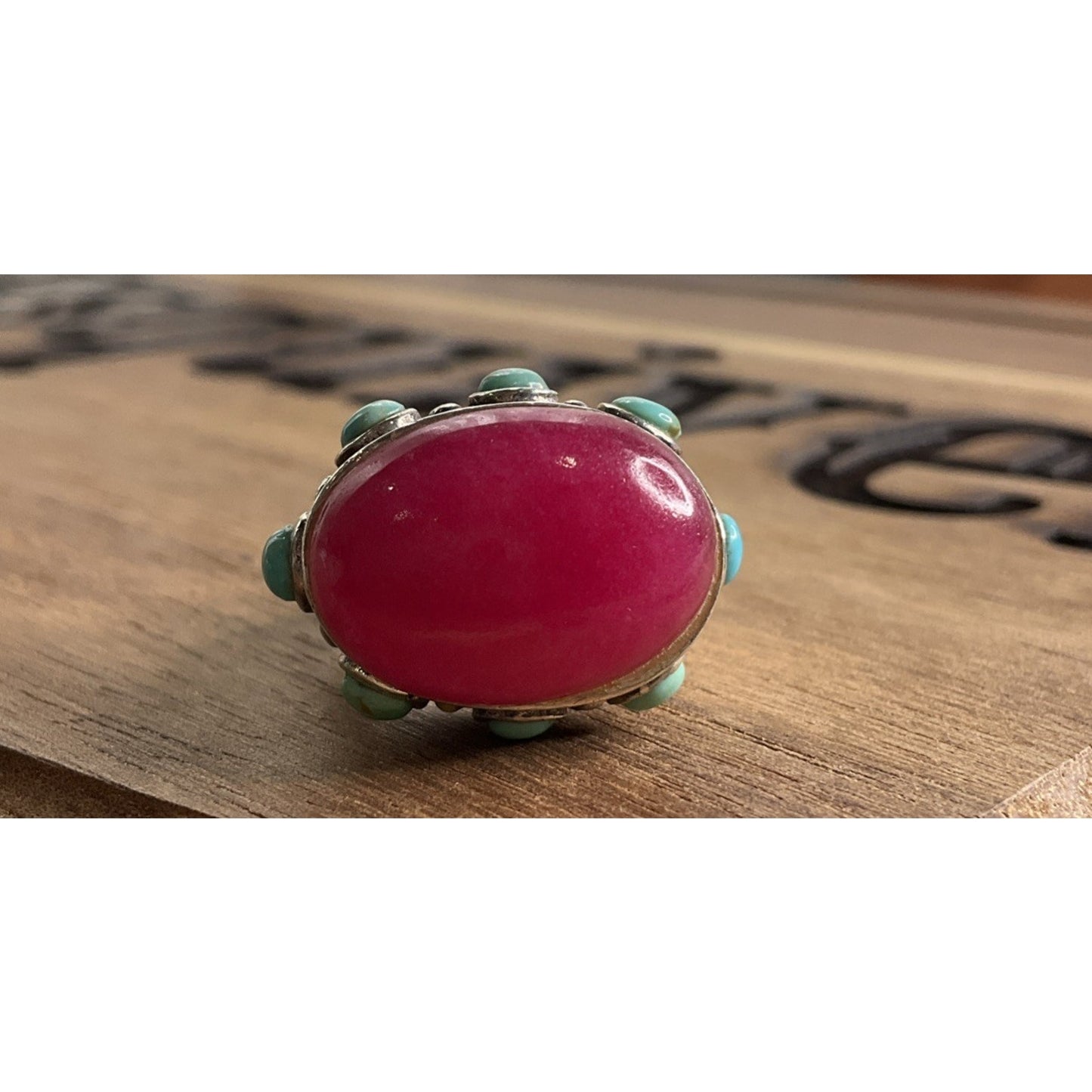 Sterling Silver 925 Pink Stone Turquoise Ring Statement Wide Band Size 5.5