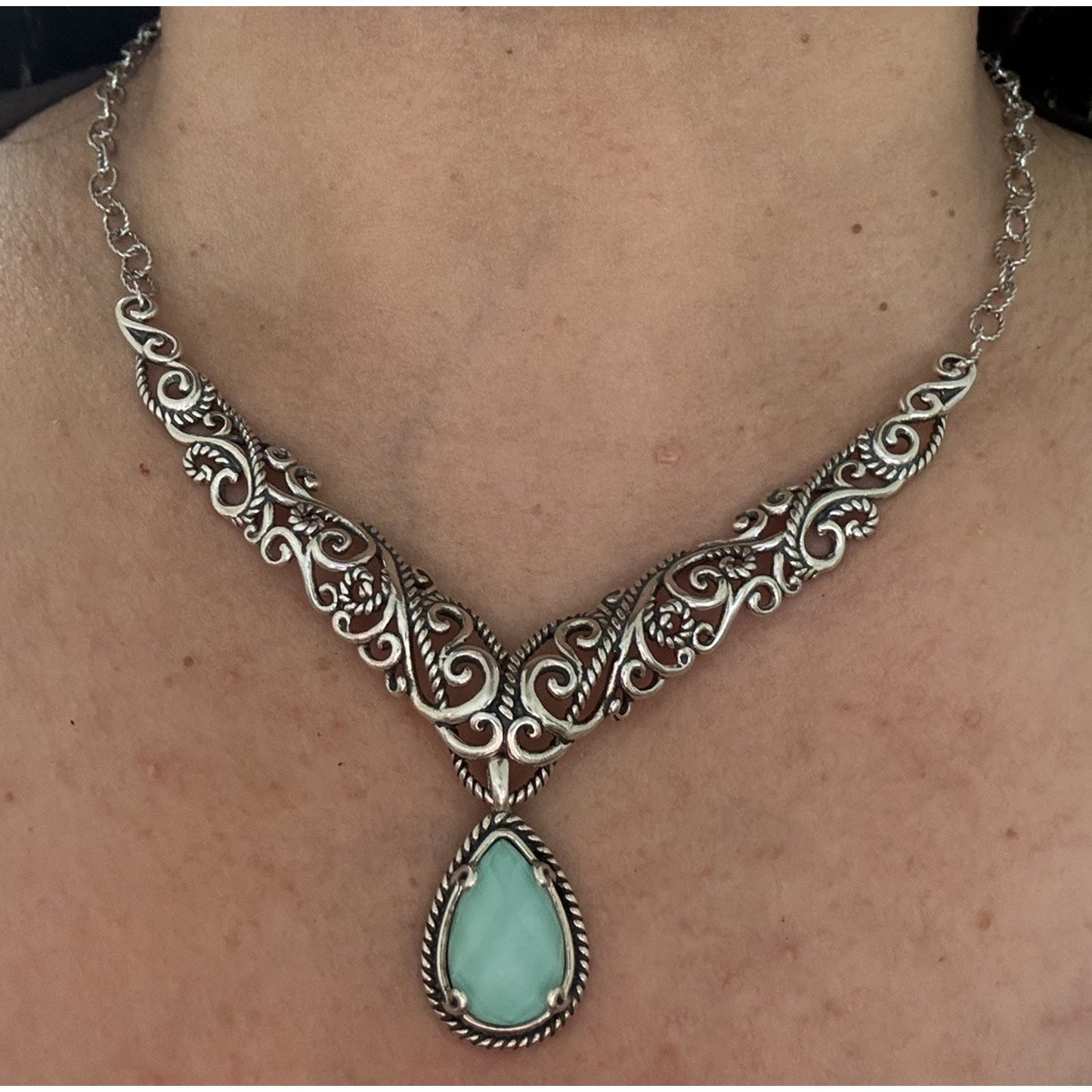 New Carolyn Pollack Sterling Silver Turquoise Doublet Scroll Rope Bar Necklace