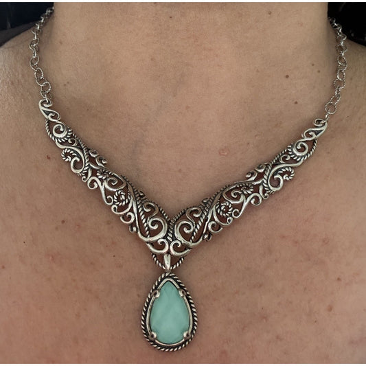 New Carolyn Pollack Sterling Silver Turquoise Doublet Scroll Rope Bar Necklace