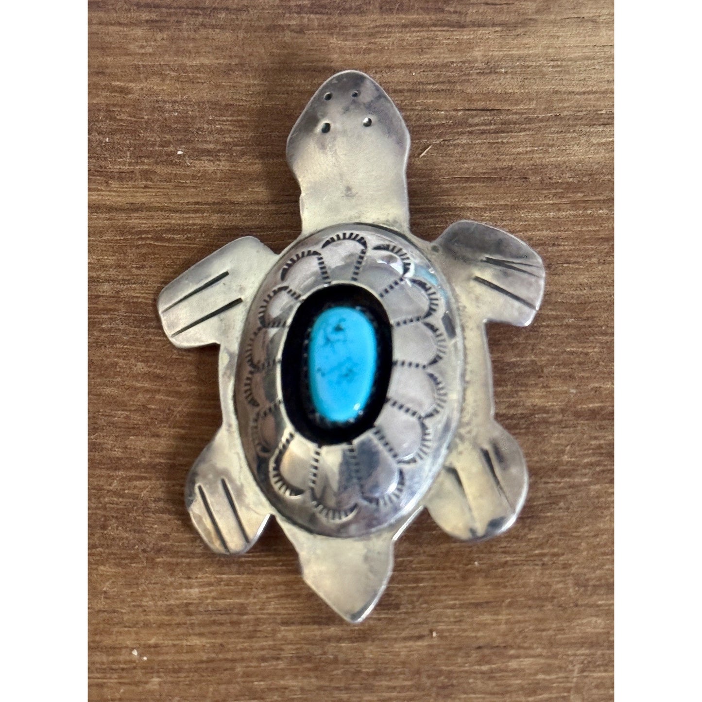 Vintage Navajo Sterling Silver Turtle Pin Turquoise Signed L.M. Lena Manygoats