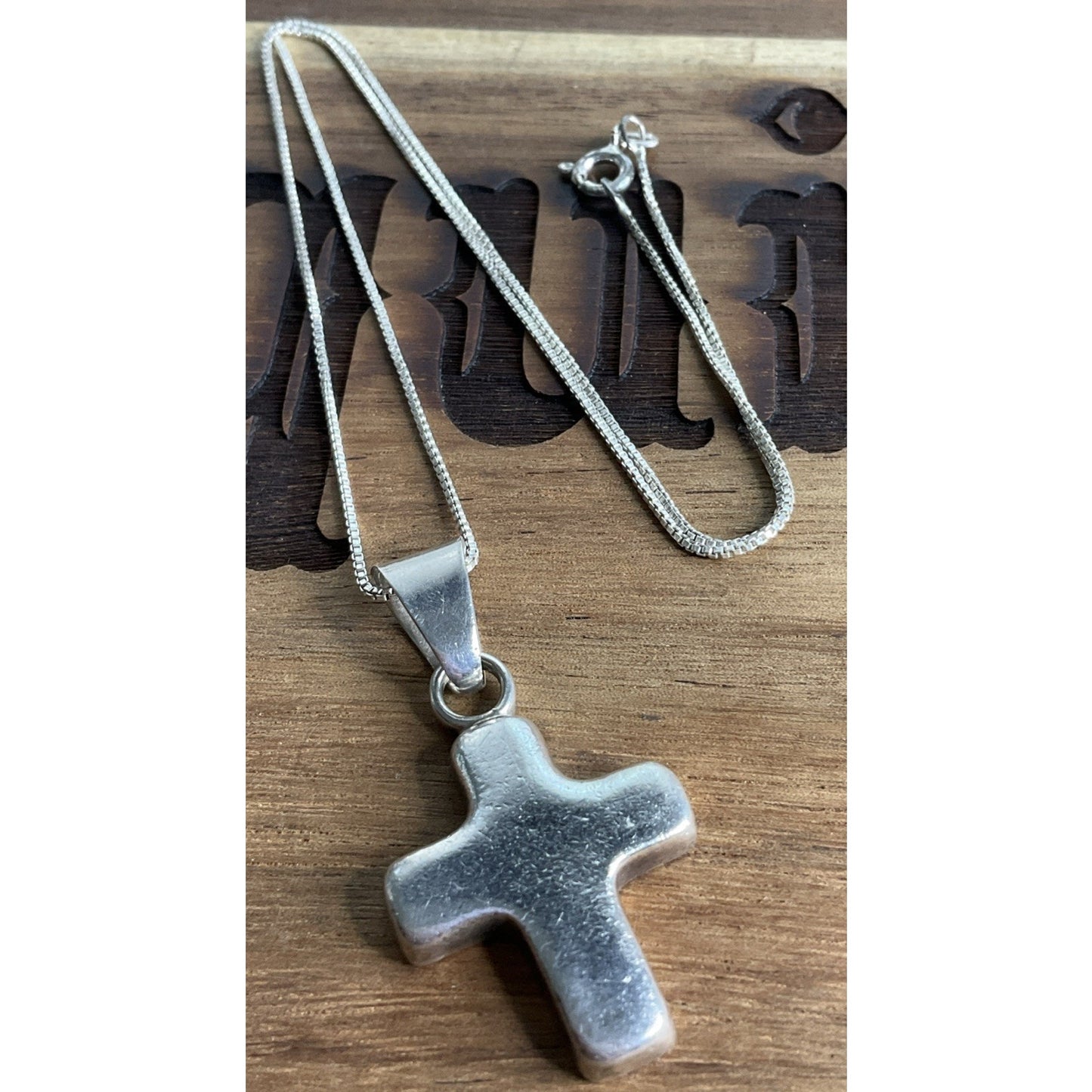 Vintage Sterling Silver Puffy Cross Pendant Necklace Rounded Cross