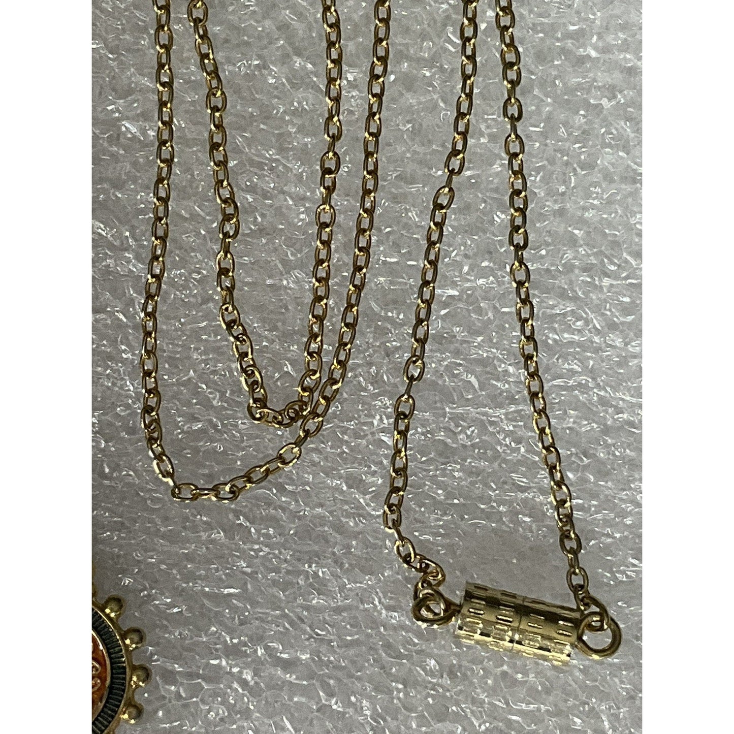 Vintage Gold Tone Damascene Style Necklace w/ Orange Enamel 16.5” Barrel Clasp