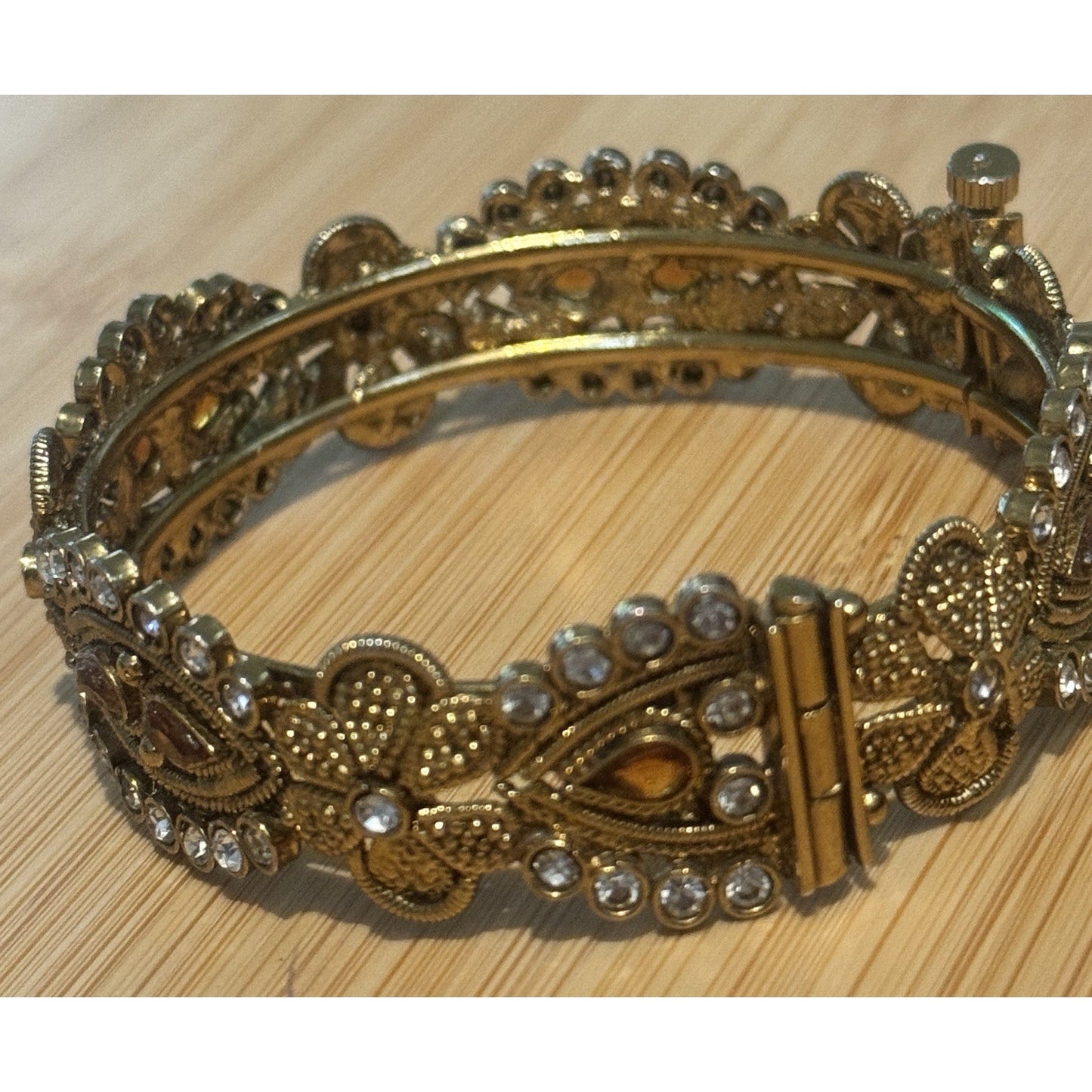 Vintage Etruscan Revival Filigree Rhinestone Amber Glass Bracelet