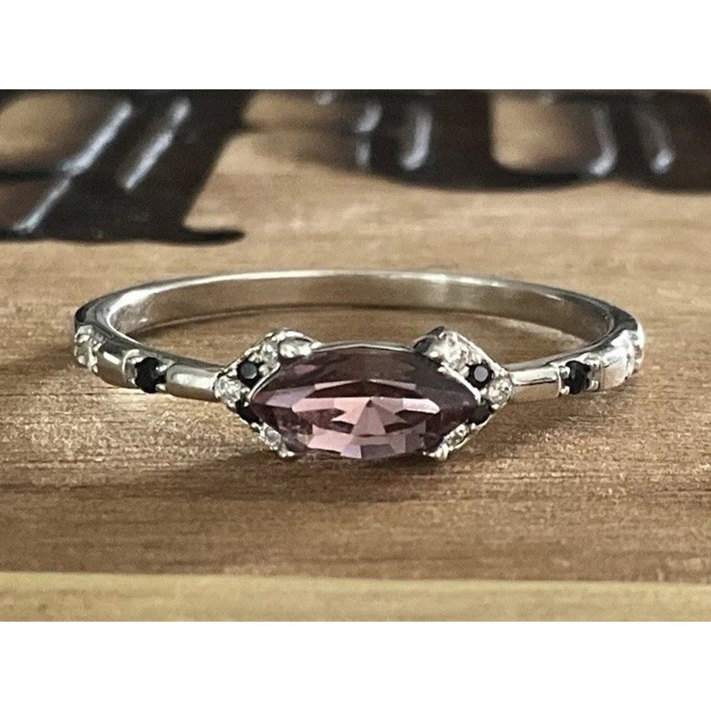 Sterling Silver Pink Marquise Gemstone Ring – Black Spinel & CZ Accents Size 10