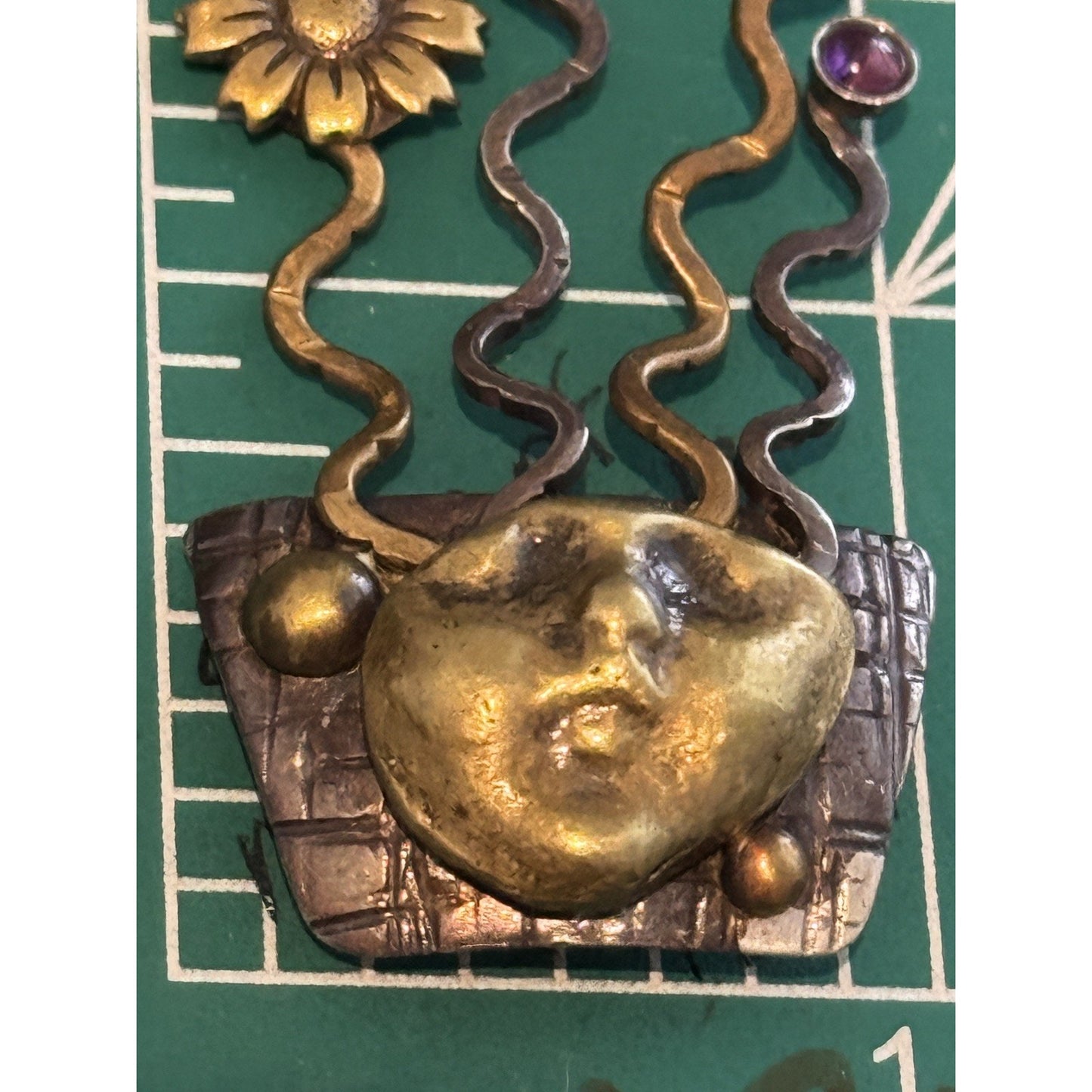 Mary Lucuk Sterlin Silver Brass Face Brooch Modernist Pin Amethyst Blue Canachon