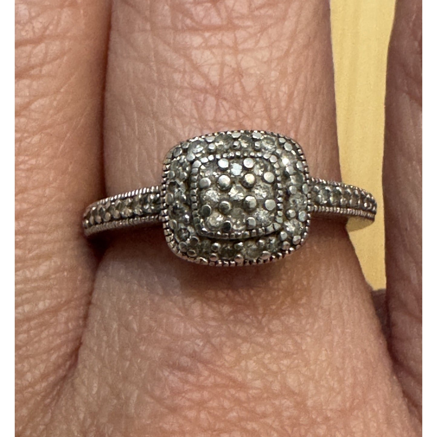 Vintage Pave Diamond Cushion Halo Sterling Silver Ring Size 7