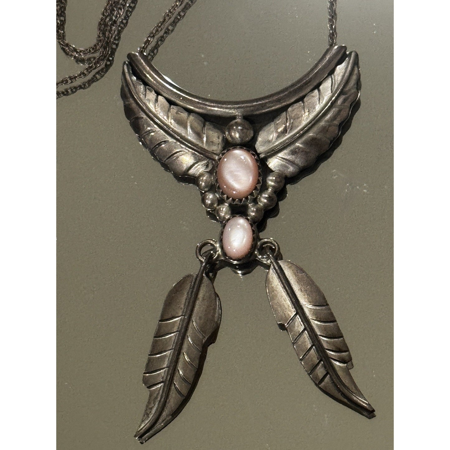 Vintage Navajo Sterling Silver Pink Conch Dangle Feather Necklace Signed S Cline