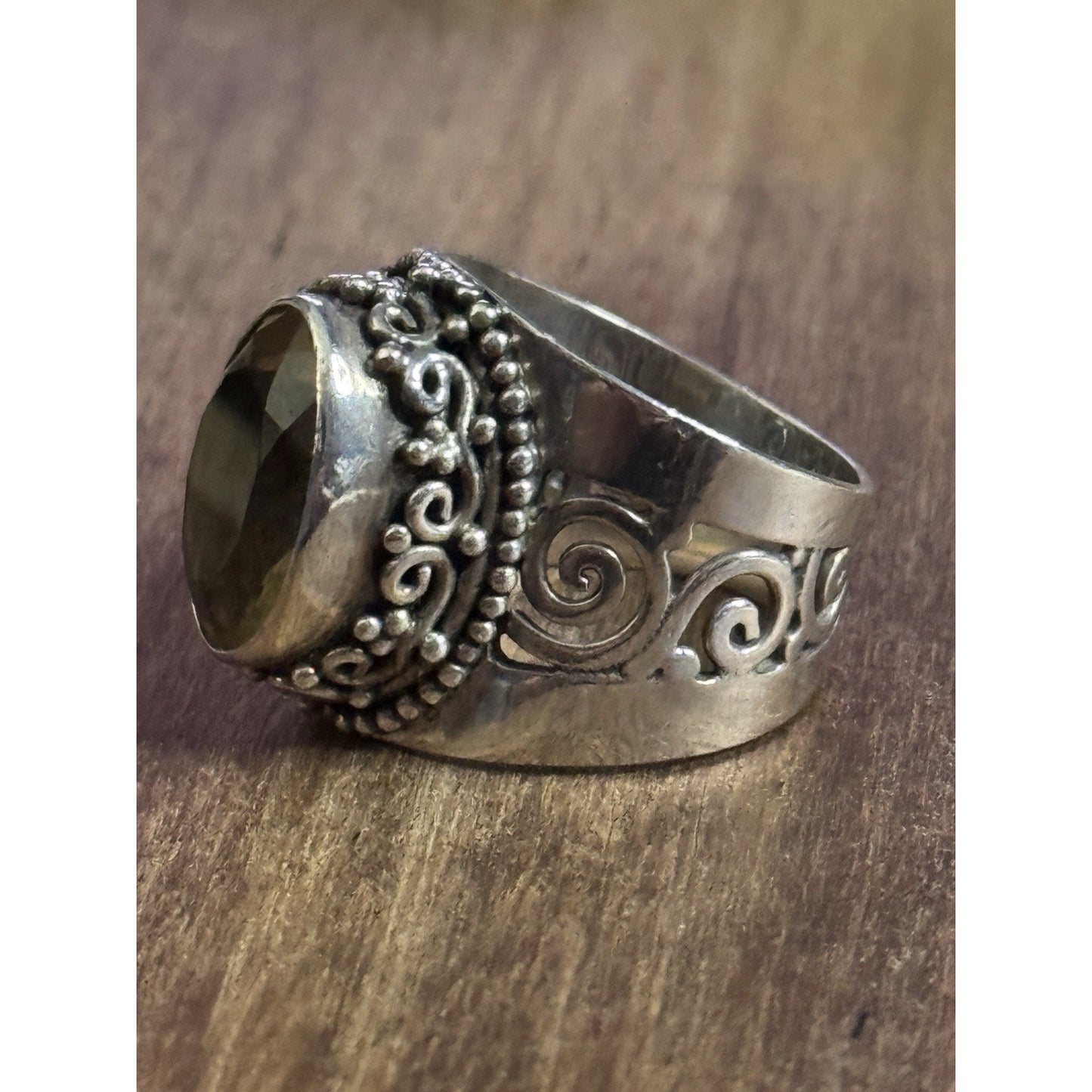 Vintage Sterling Silver Faceted Citrine Ring Sz 8.25 Artisan Filigree Swirl Band
