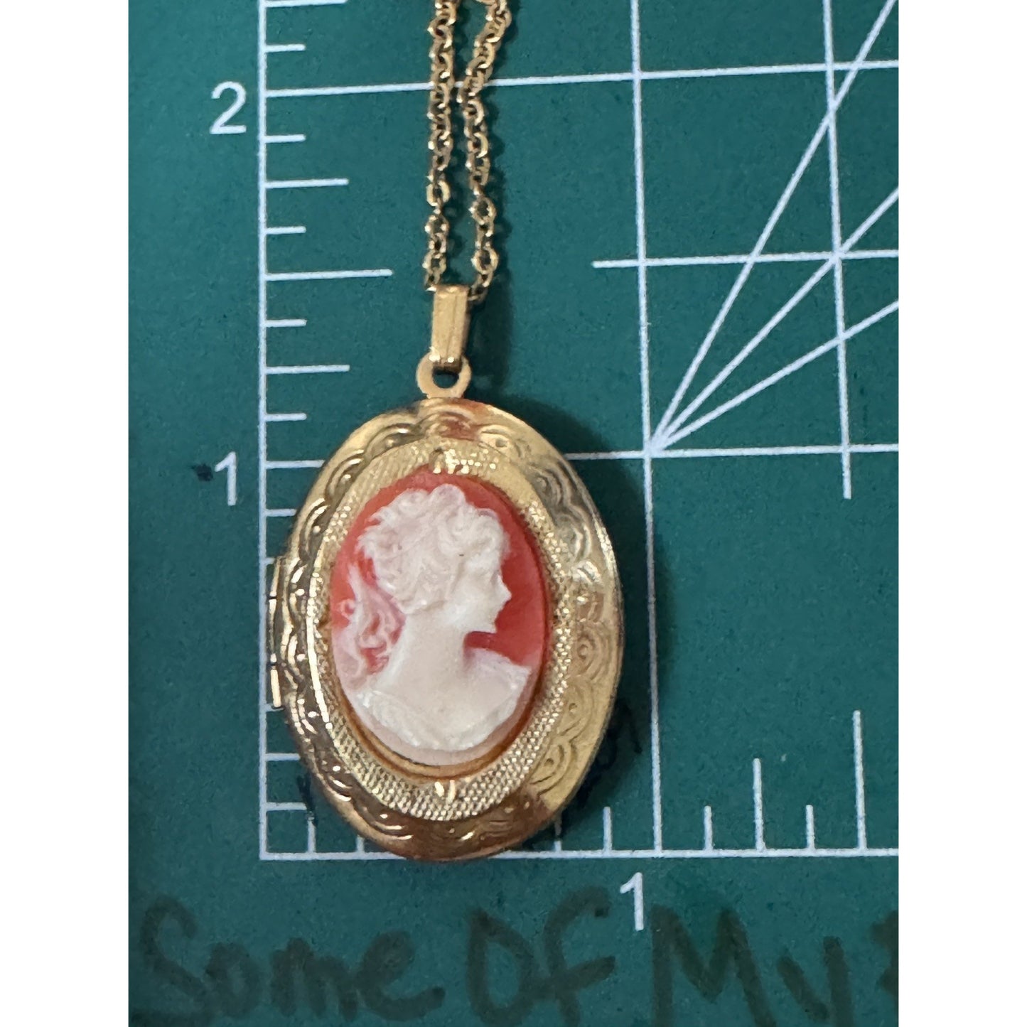 Vintage Gold Tone Cameo Locket Necklace Red White Resin Oval Hinged 18”