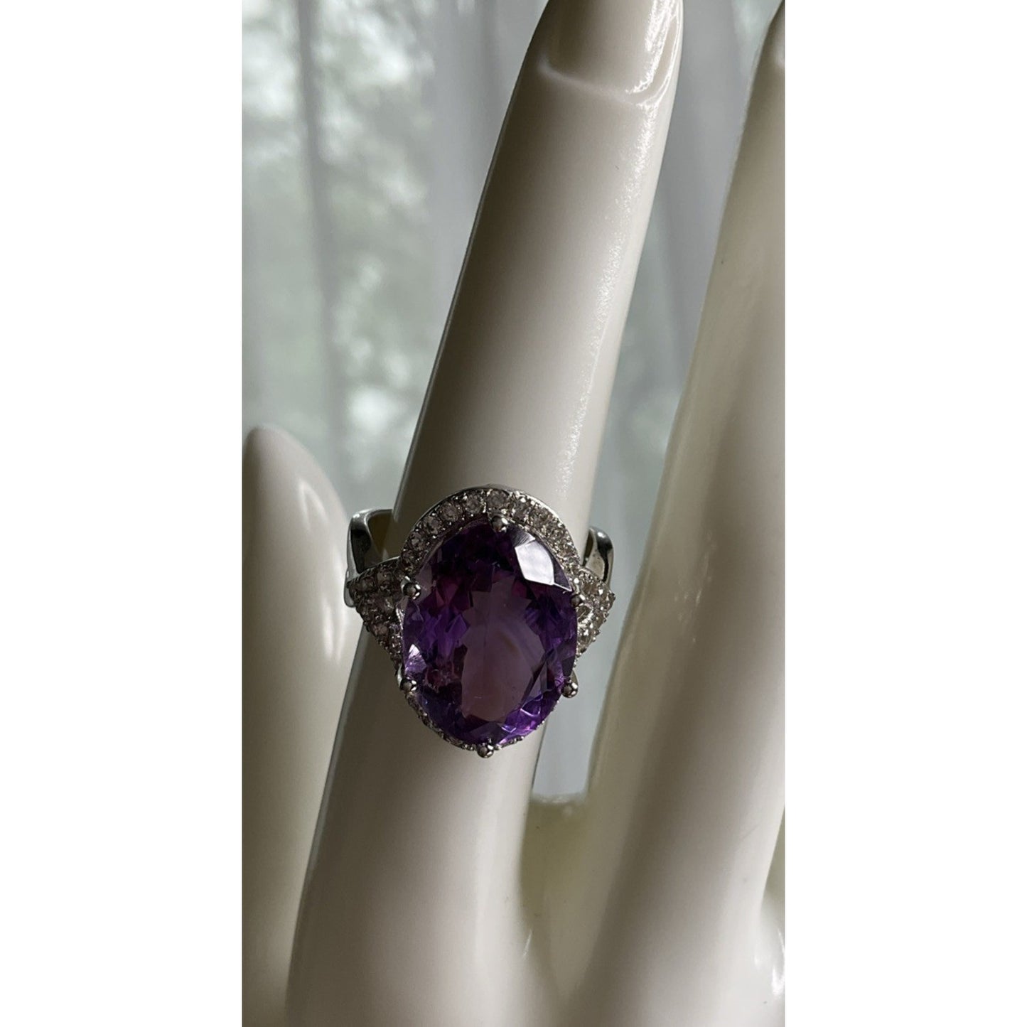 Sterling Silver Amethyst Halo Ring 925 Purple Stone Cocktail Statement Ring 7.5
