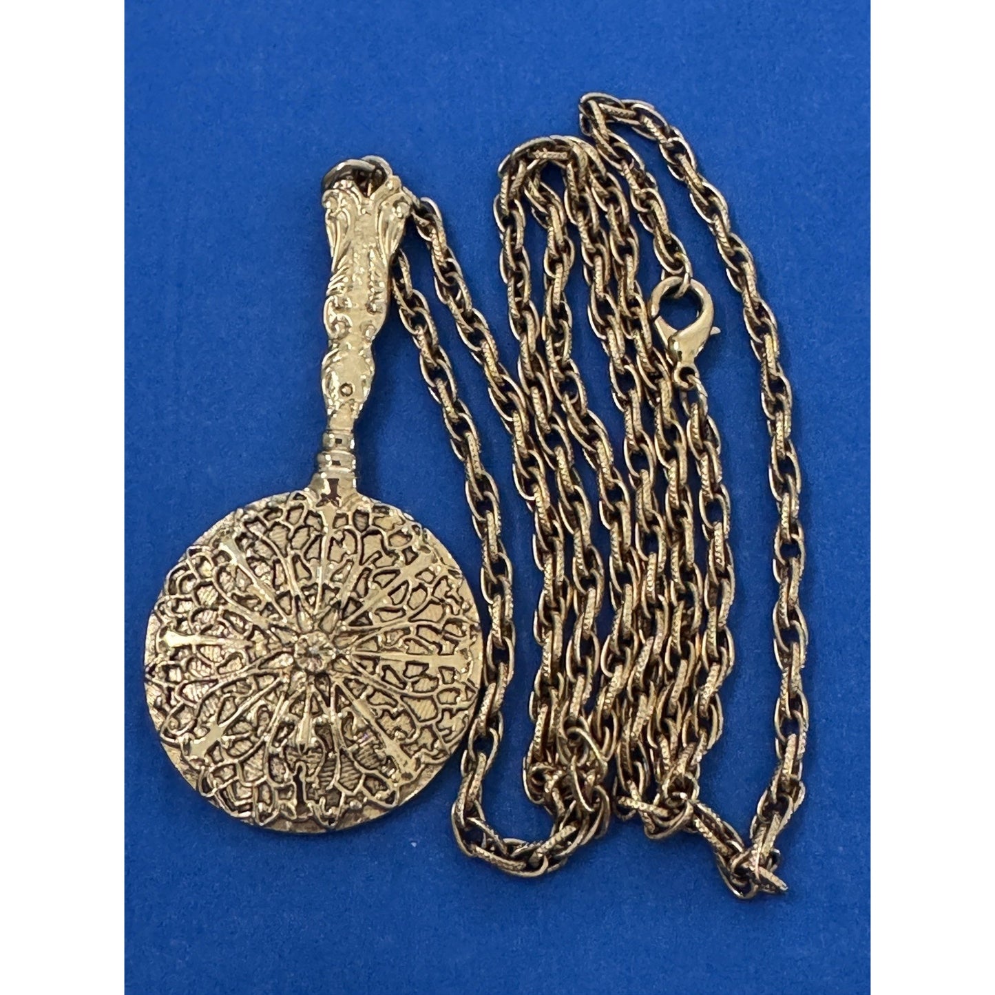 Vintage Gold Tone Hand Mirror Ornate Vanity Pendant 30” Gold Tone Necklace 1970s
