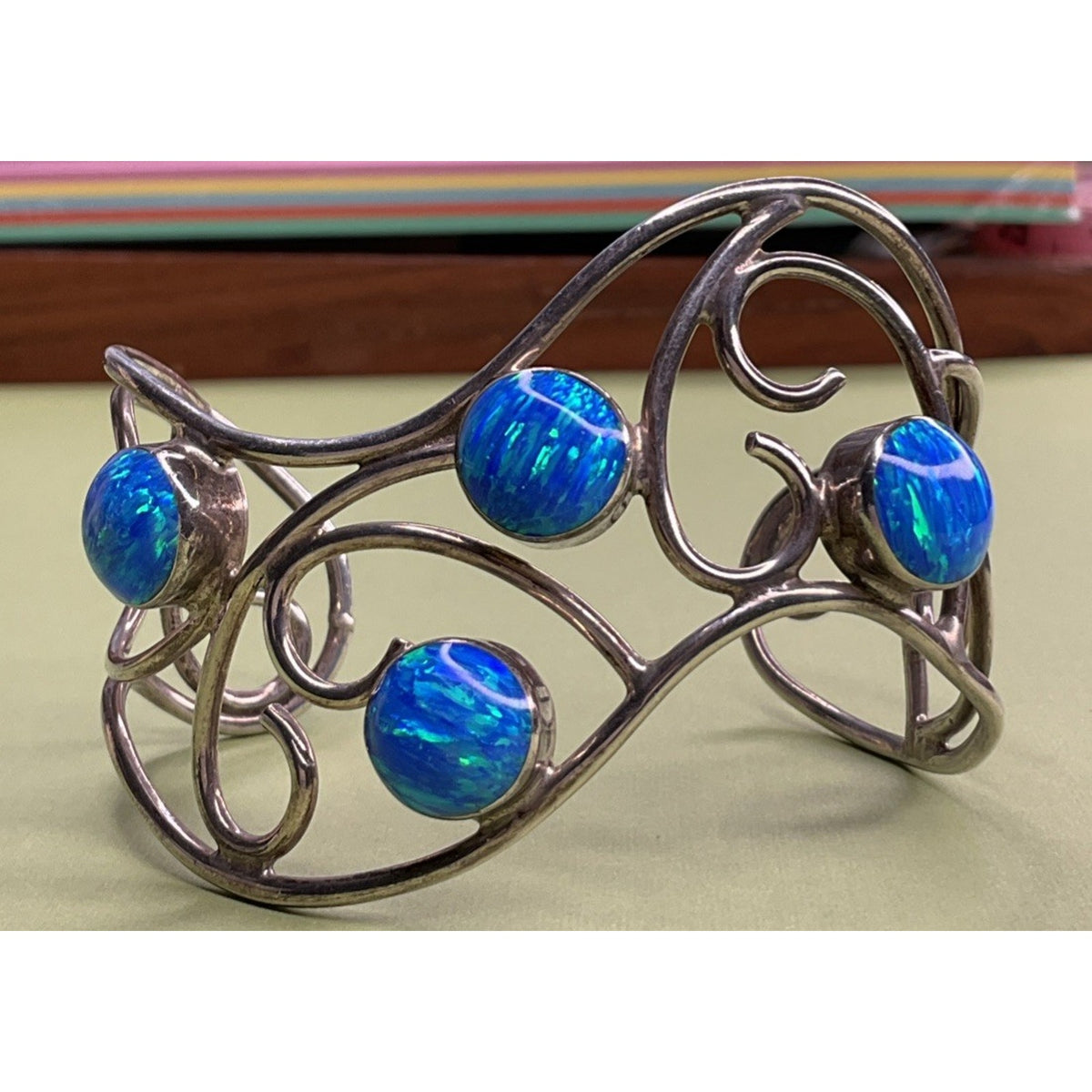 Mexico 925 Sterling Silver Blue Opal Wide Scroll Cuff Bracelet 31g