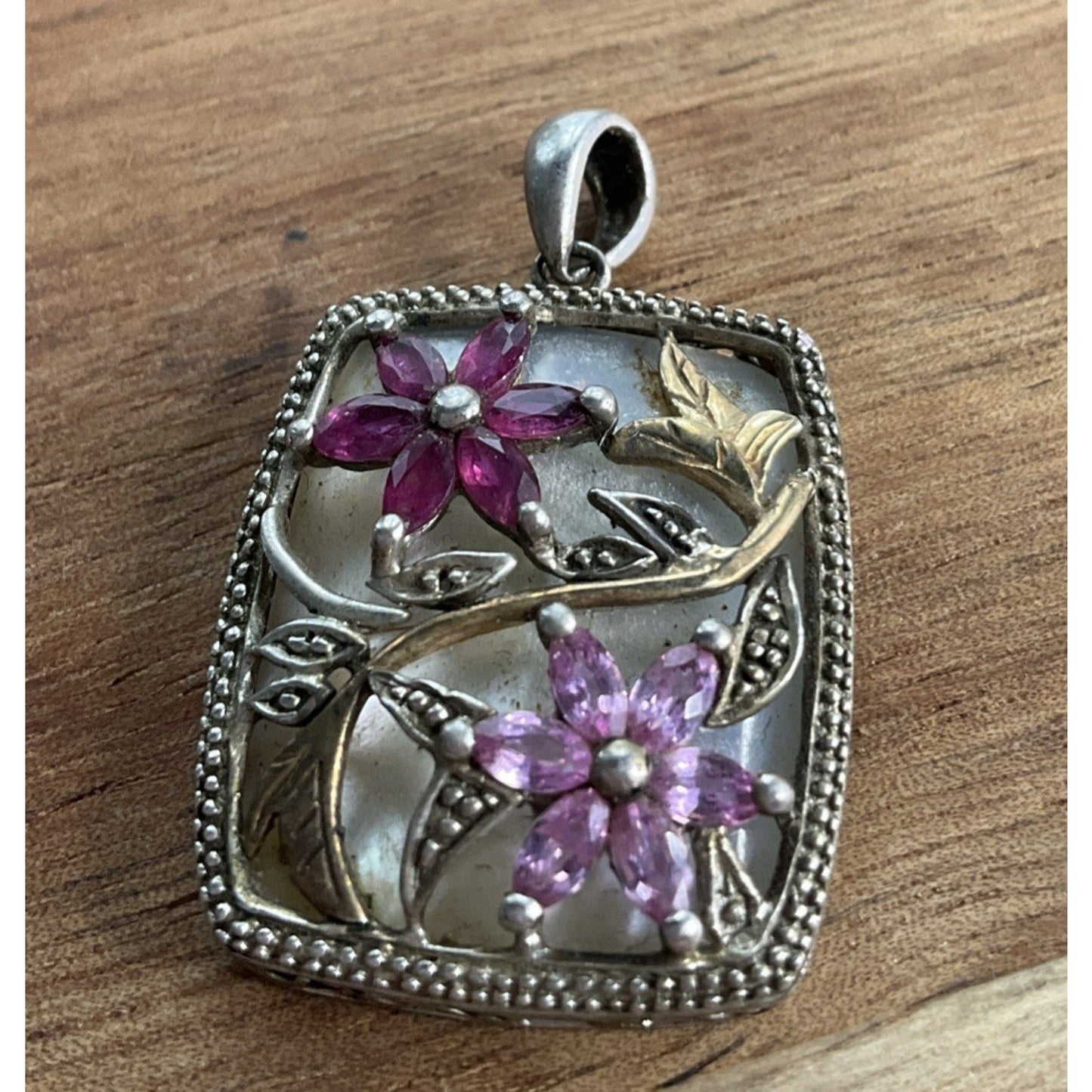 Sterling Silver 925 & 14K Gold Floral Pendant Pink Gemstone Flower Vintage Style
