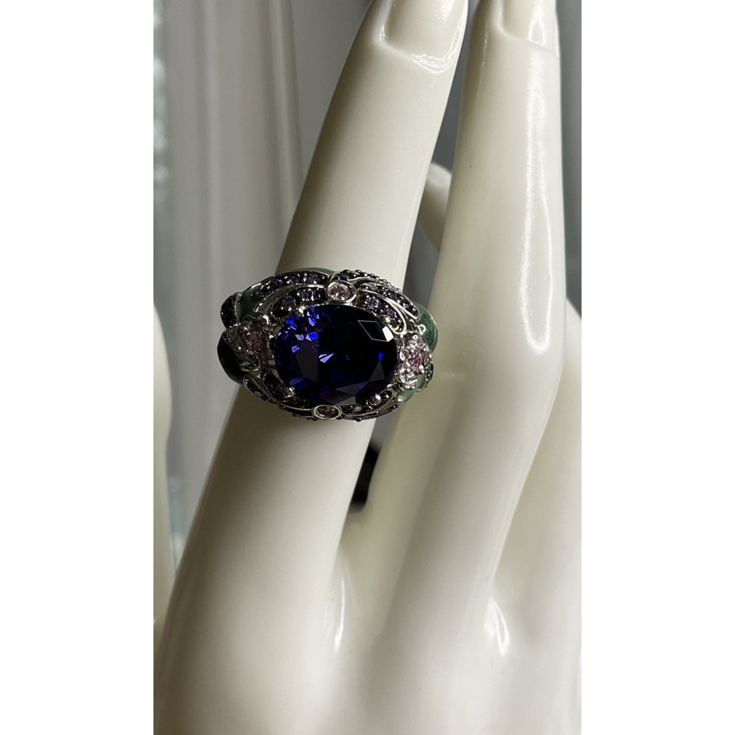 Sterling Silver 925 Blue CZ Cocktail Ring Ornate Enamel Statement Ring Size 6.5