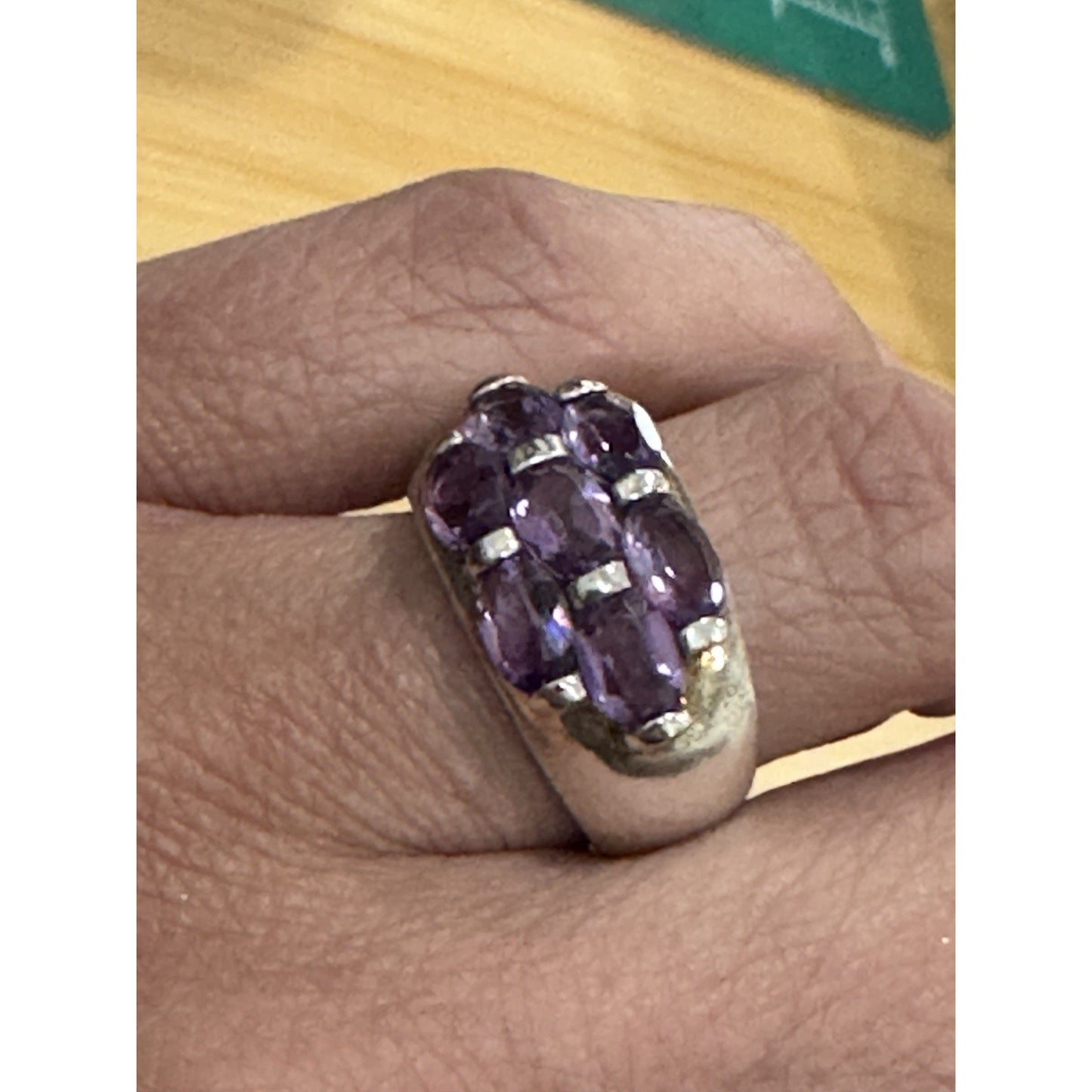 Vintage Sterling Silver 9 Stone Natural Amethyst Cluster Ring Size 6 Wide Band