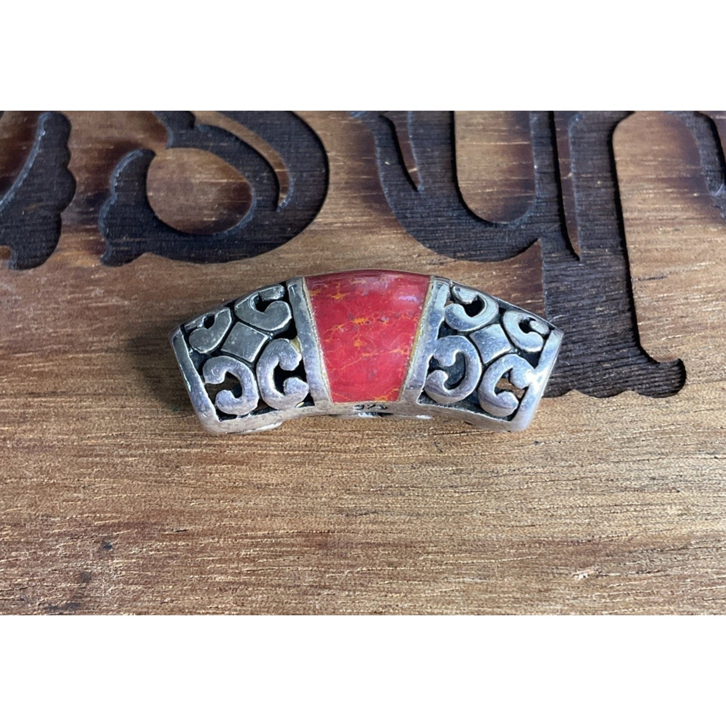 Vintage Sterling Silver Red Stone Curved Tube Filigree Boho artisan jewelry