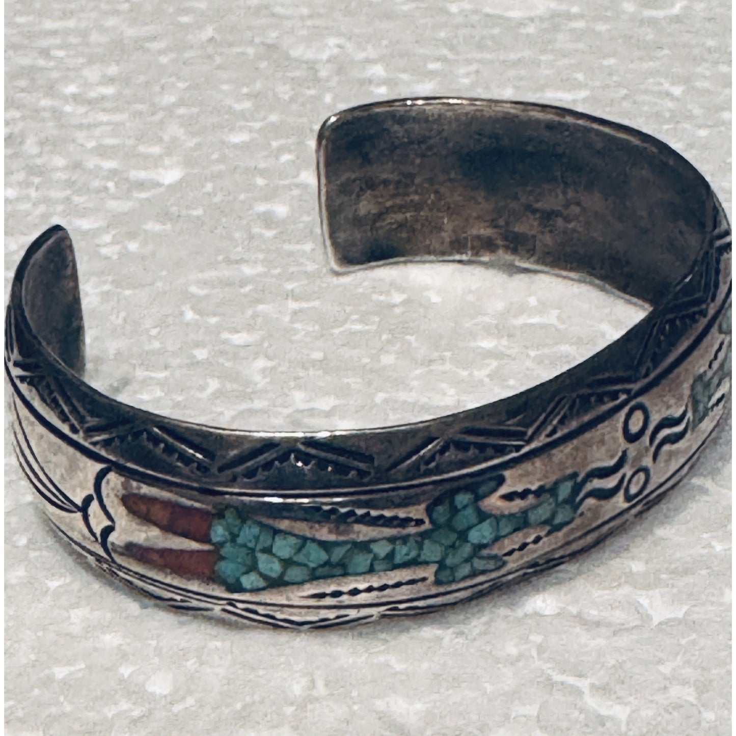 Signed Navajo J Nezzie Sterlin Silver Thunderbird Turquoise Coral Inlay Cuff 23g