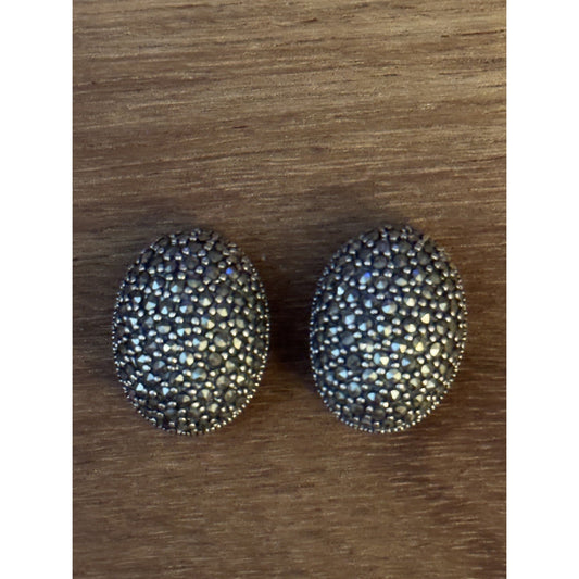 Vintage Thai 925 Sterling Silver Marcasite Oval Dome Clip-On Earrings 11.1 Grams
