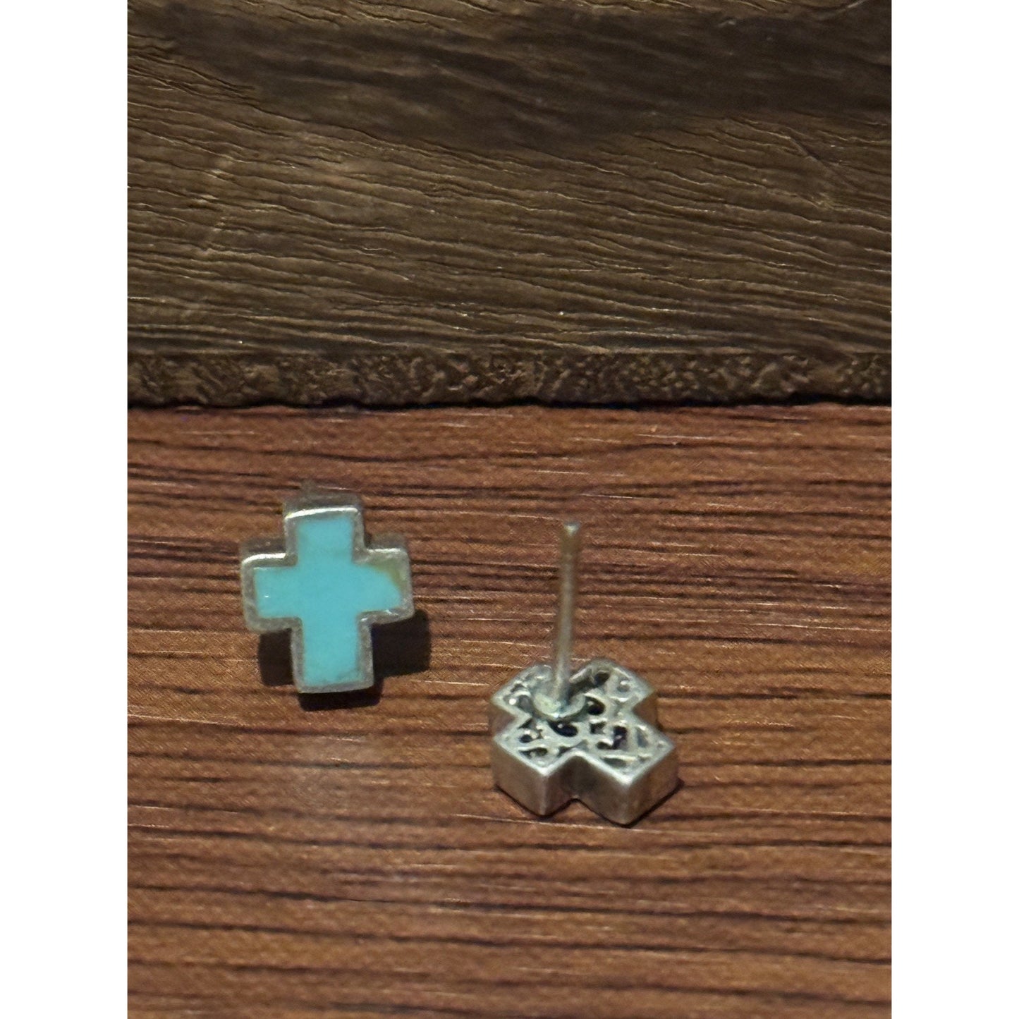 Vintage Sterling Silver Turquoise Cross Stud Earrings Southwestern Zuni Style Inlay 3/8”