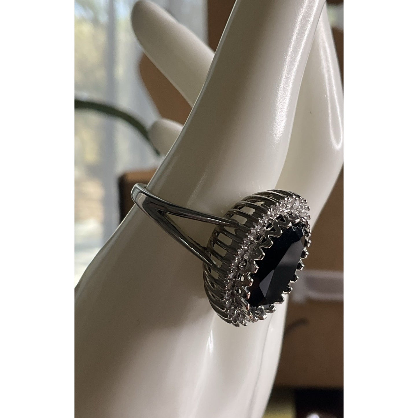 Sterling Silver Black Onyx Ring Size 9 Large Oval Halo CZ Statement Ring 925
