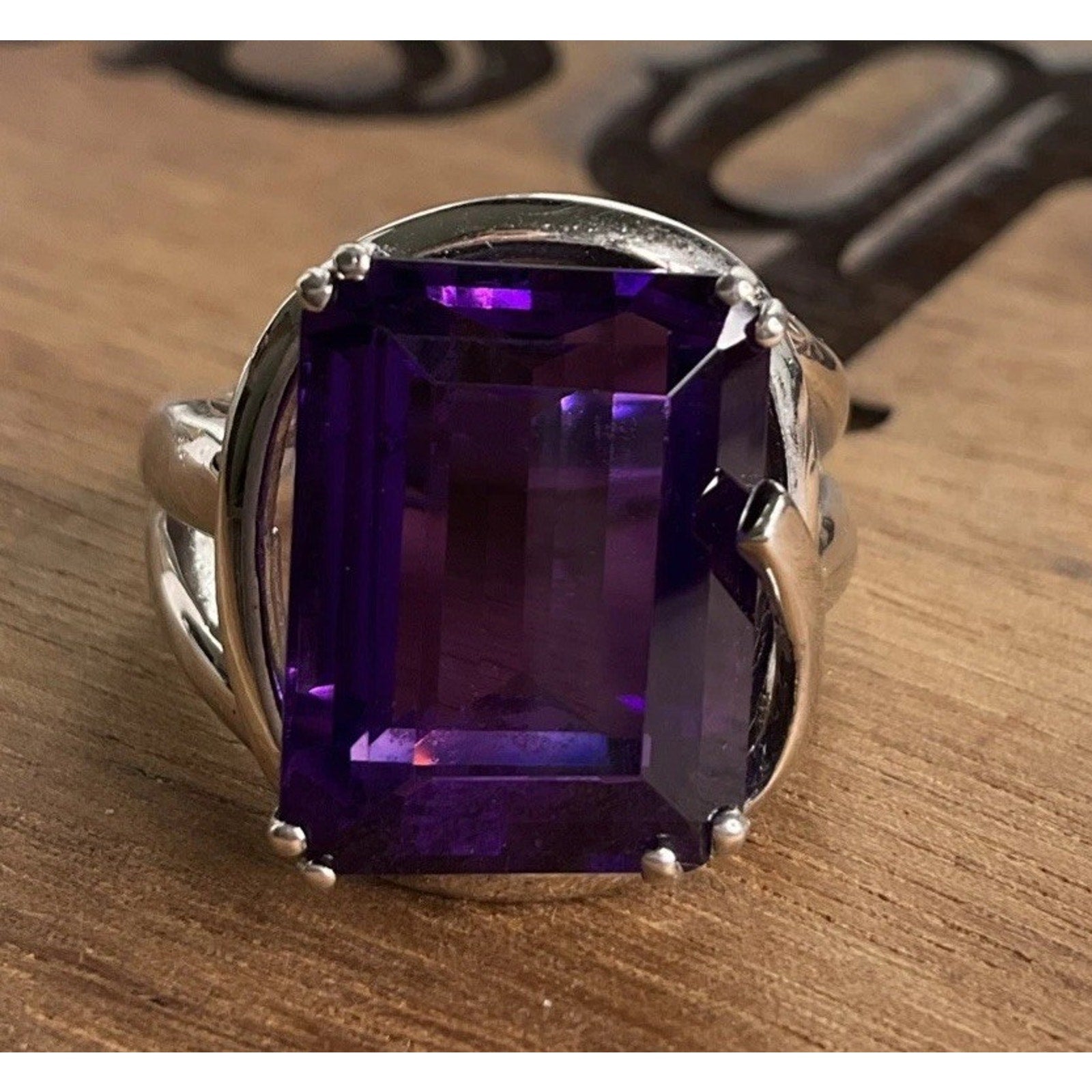 Jw Rings Modern Estate JW 925 Sterling Silver Emerald Cut Purple Amethyst Ring ...