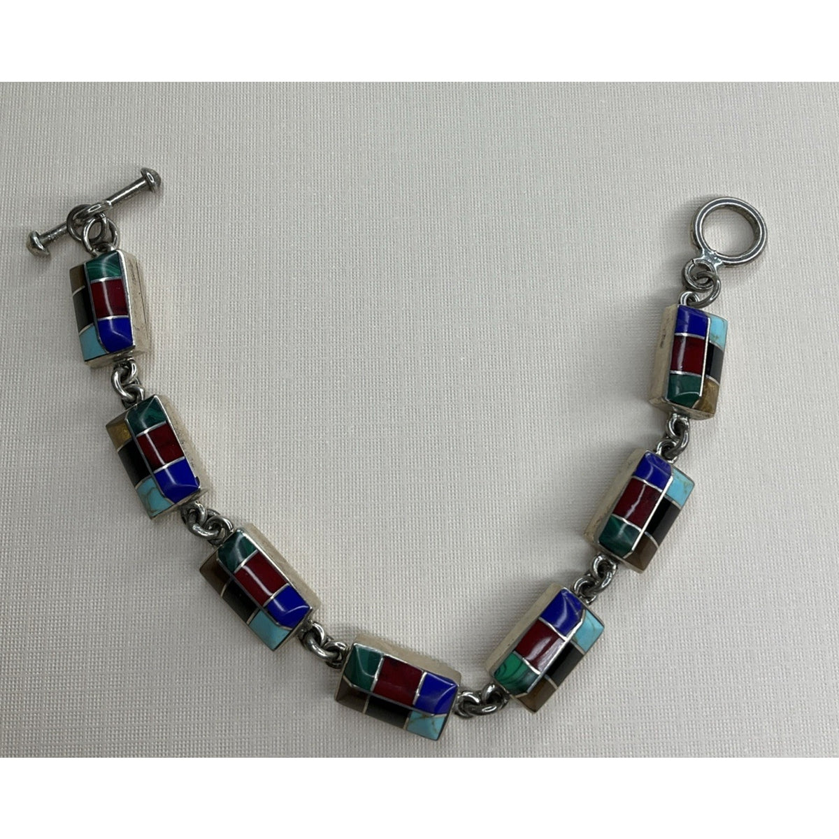 Vintage Mexico 925 Sterling Silver Multi Stone Inlay Link Bracelet 31g 7.5