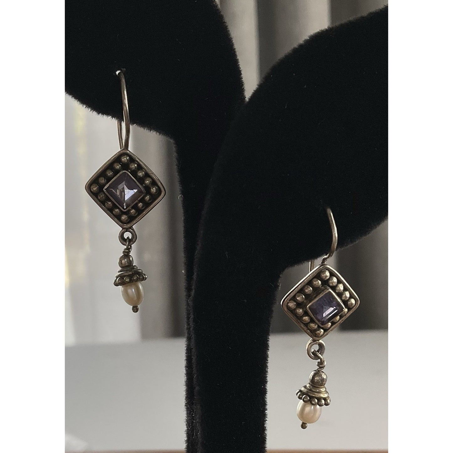 Sterling Silver Amethyst Pearl Dangle Earrings 925 Boho Artisan Drop