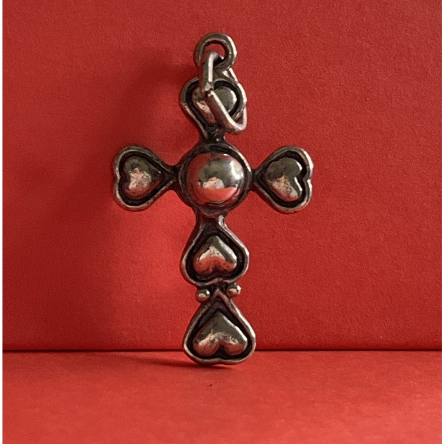 Vintage Sterling Silver Puffy Heart Cross Charm Pendant Southwestern Style