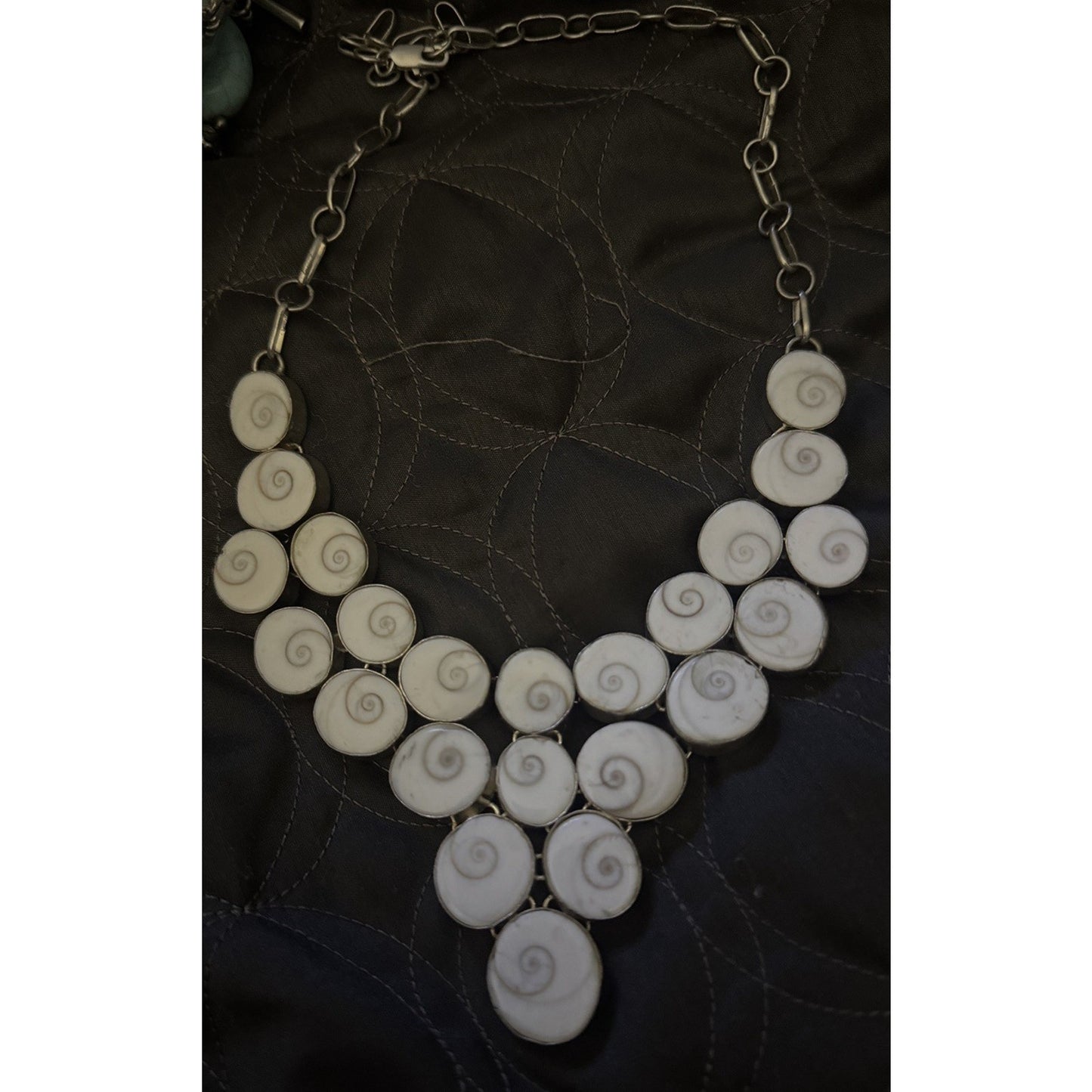 Vintage White Shiva Eye Shell Bib Statement Necklace Sterling Silver Boho 23”