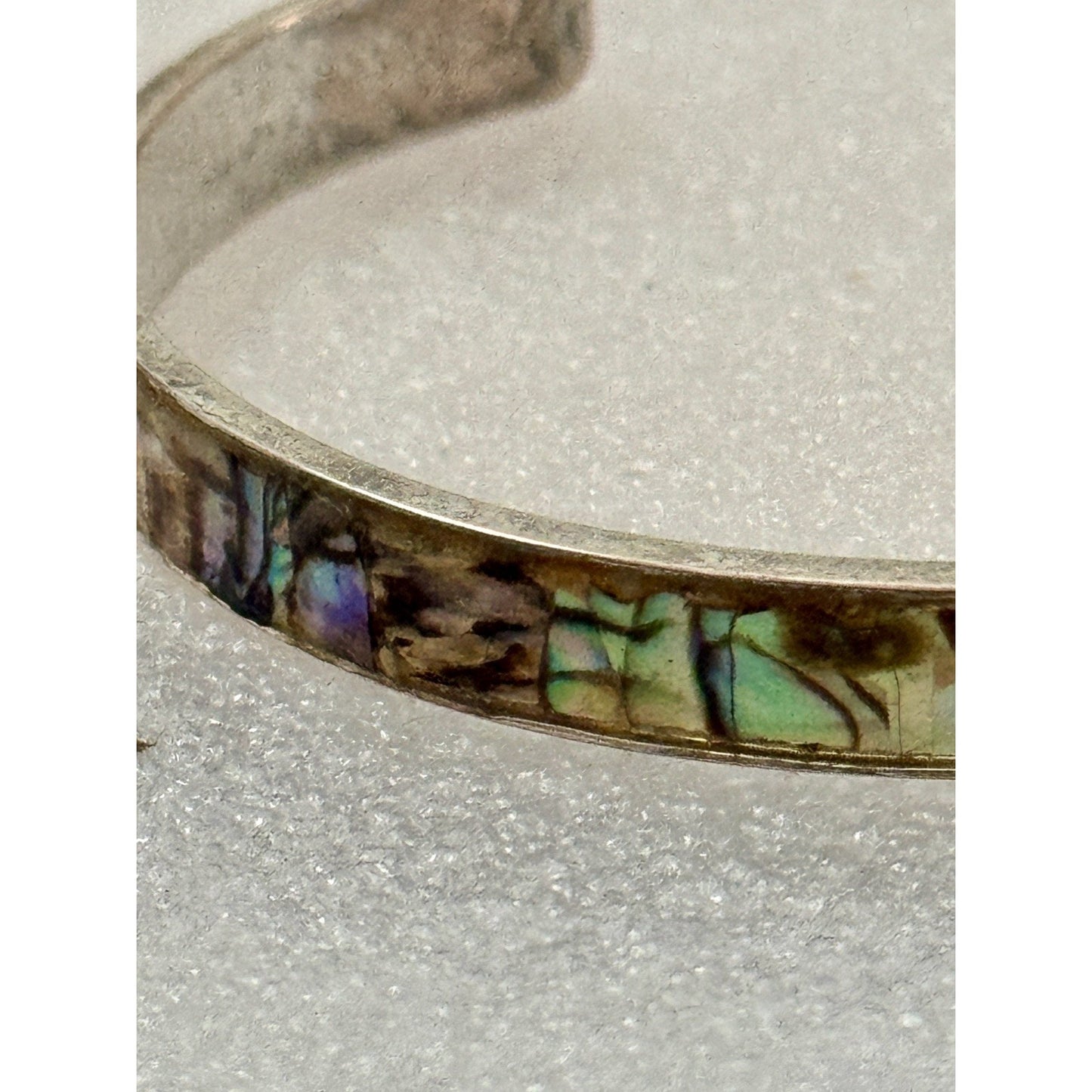 Vintage Abalone Shell Mosaic Inlay Silver Tone Cuff Bracelet 15g Adjustable