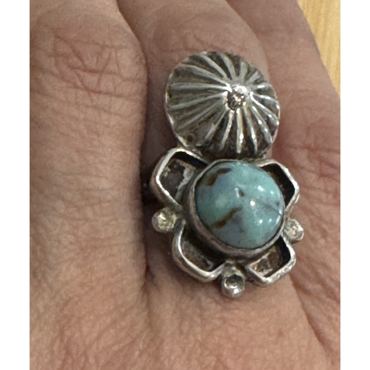 Vintage 925 Sterling Silver Turquoise Concho Flower Ring Southwestern Size 8