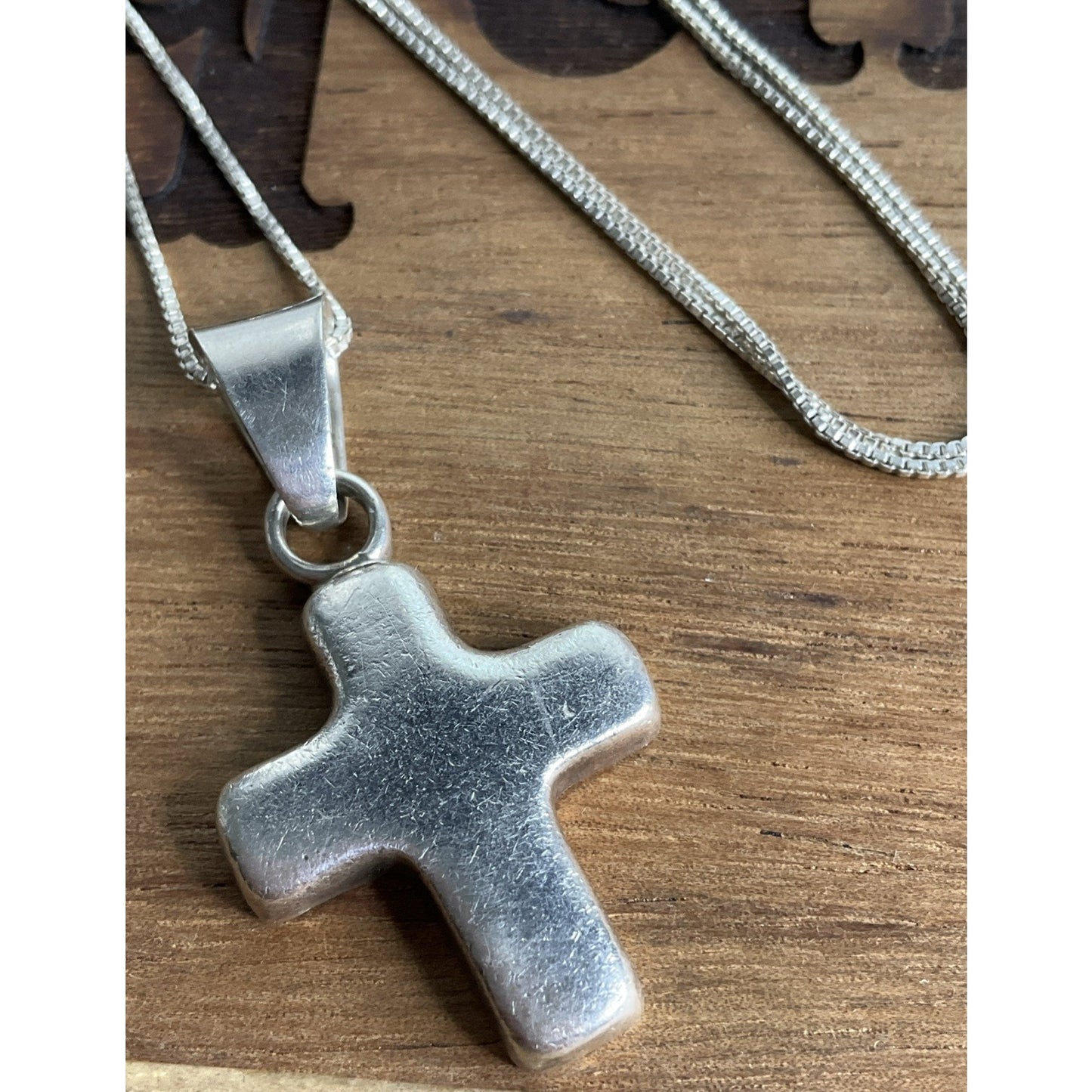 Vintage Sterling Silver Puffy Cross Pendant Necklace Rounded Cross