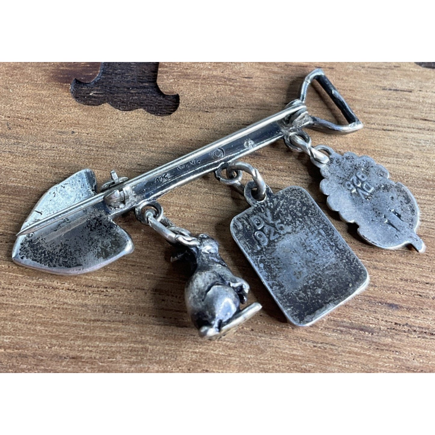 Vintage Sterling Silver Garden Charm Brooch DV 925 Shovel Rabbit Seeds Pin
