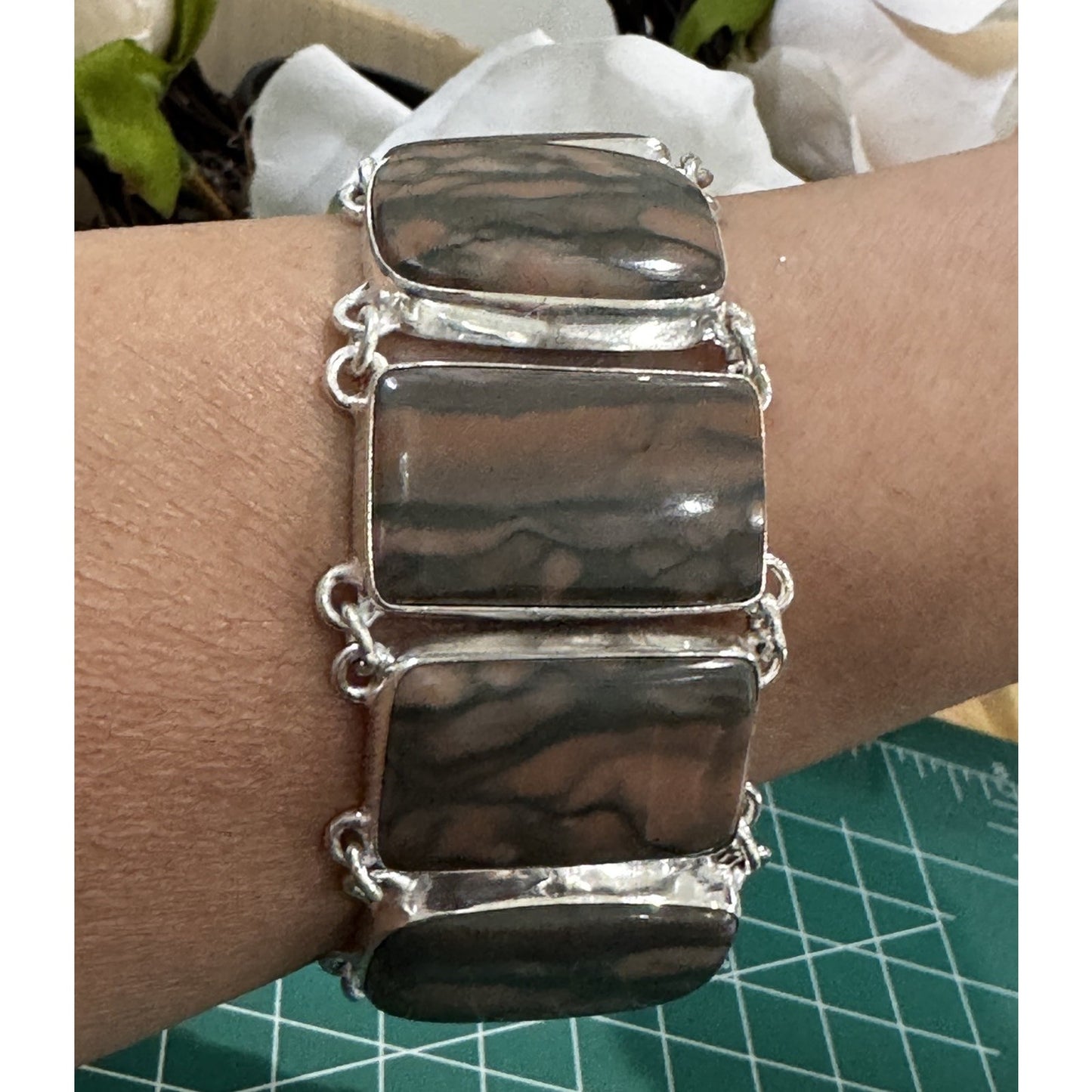 Vintage Sterling Silver Peanut Wood Jasper Bracelet 58g 7 - 8” Large Stone 925