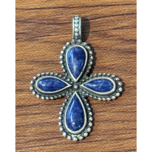 James Avery RARE Sterling Silver Beaded Blue Sodalite Cross Pendant