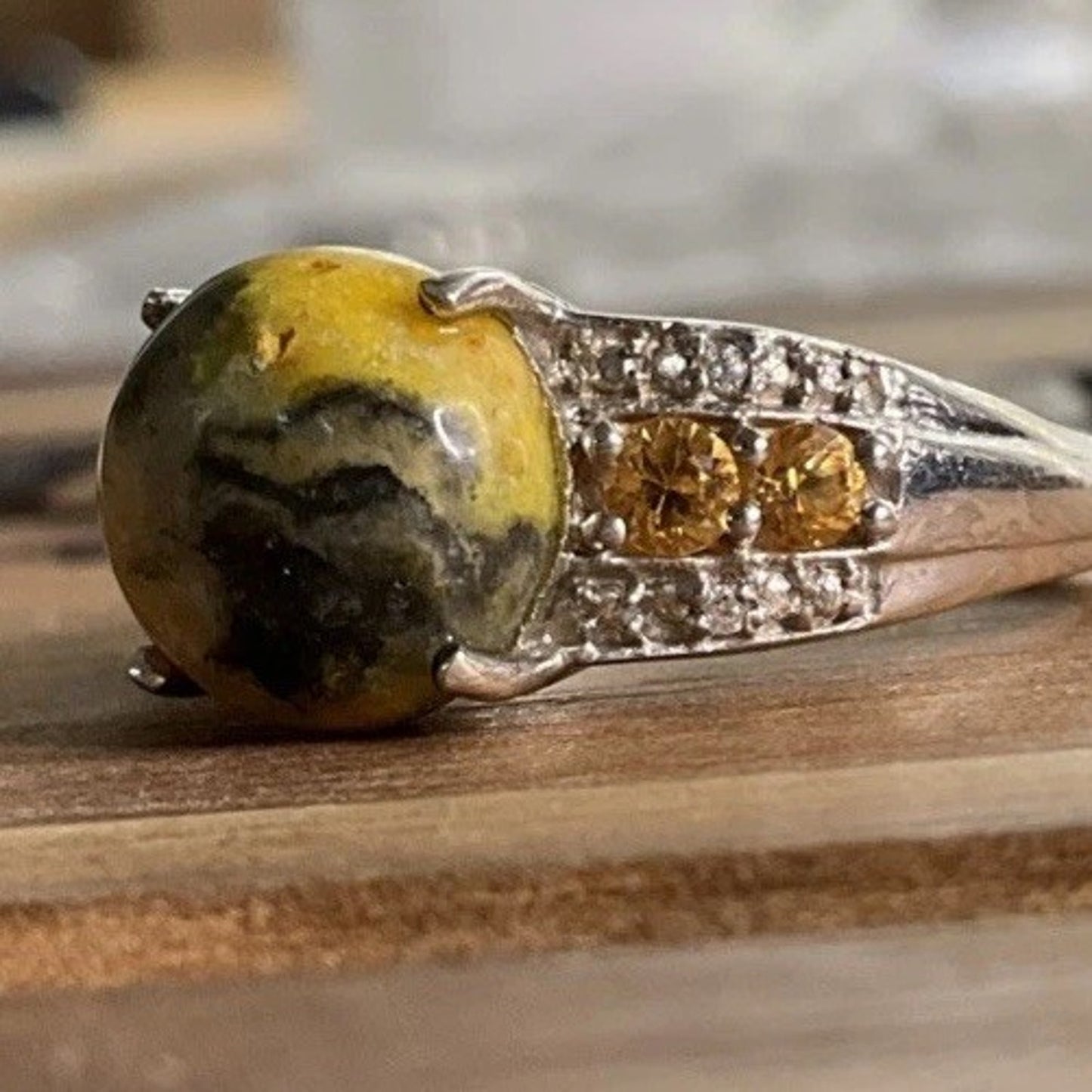 Vintage Bumblebee Jasper Yellow Green Cabochon Sterling Silver Ring Size 8.5