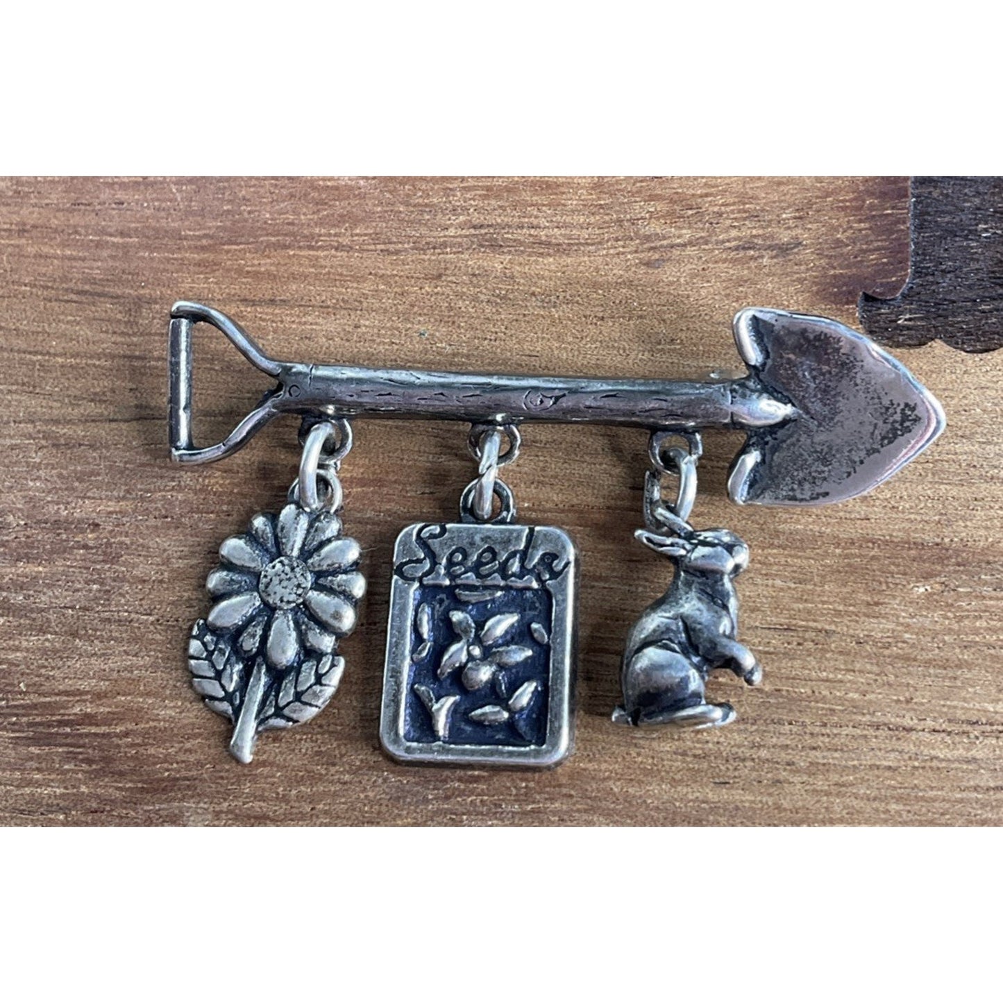Vintage Sterling Silver Garden Charm Brooch DV 925 Shovel Rabbit Seeds Pin