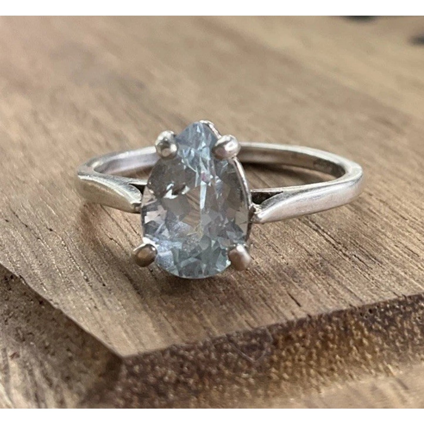 Minimalist Sterling Silver Blue Topaz Pear Shape Solitaire Ring 925 Size 6.5