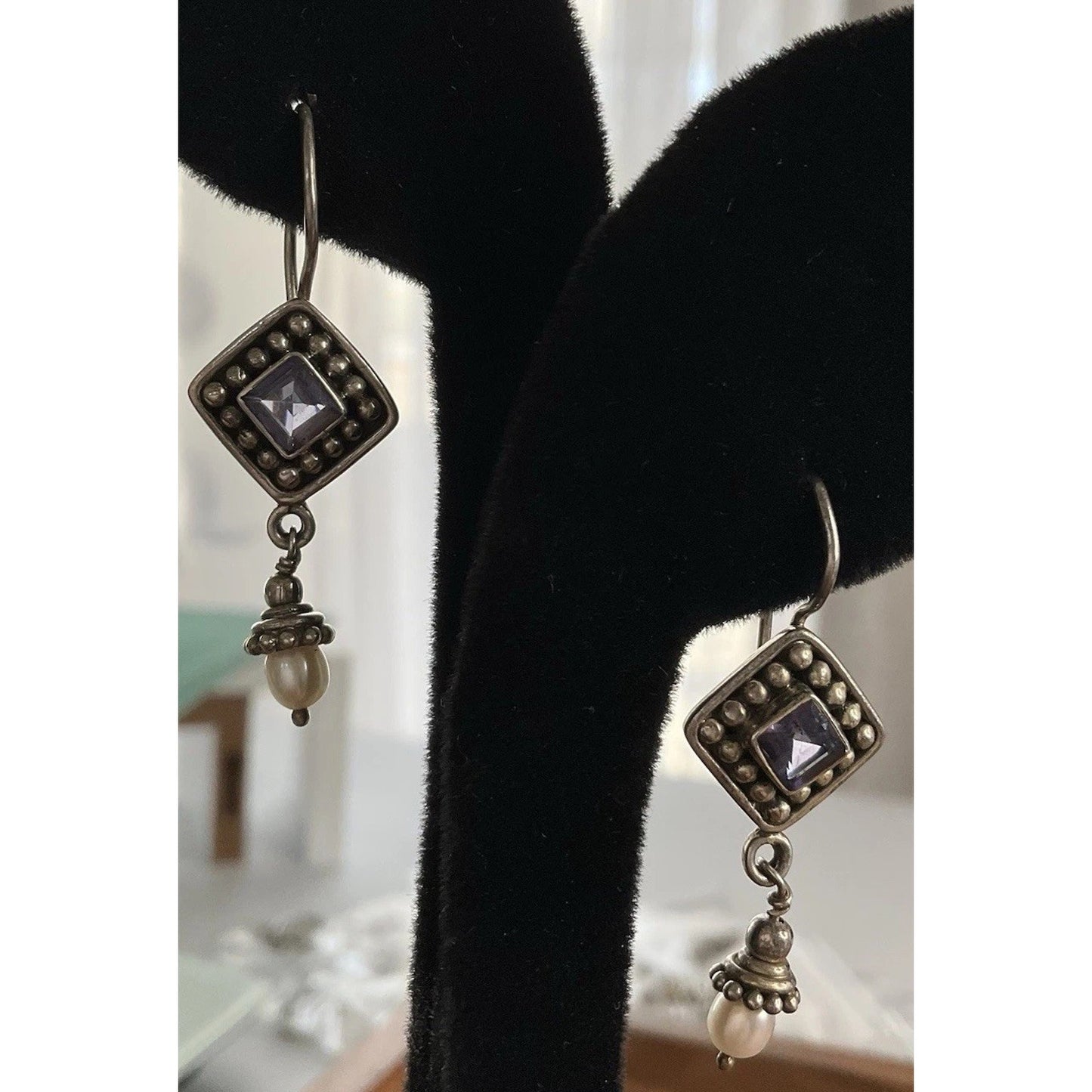 Sterling Silver Amethyst Pearl Dangle Earrings 925 Boho Artisan Drop