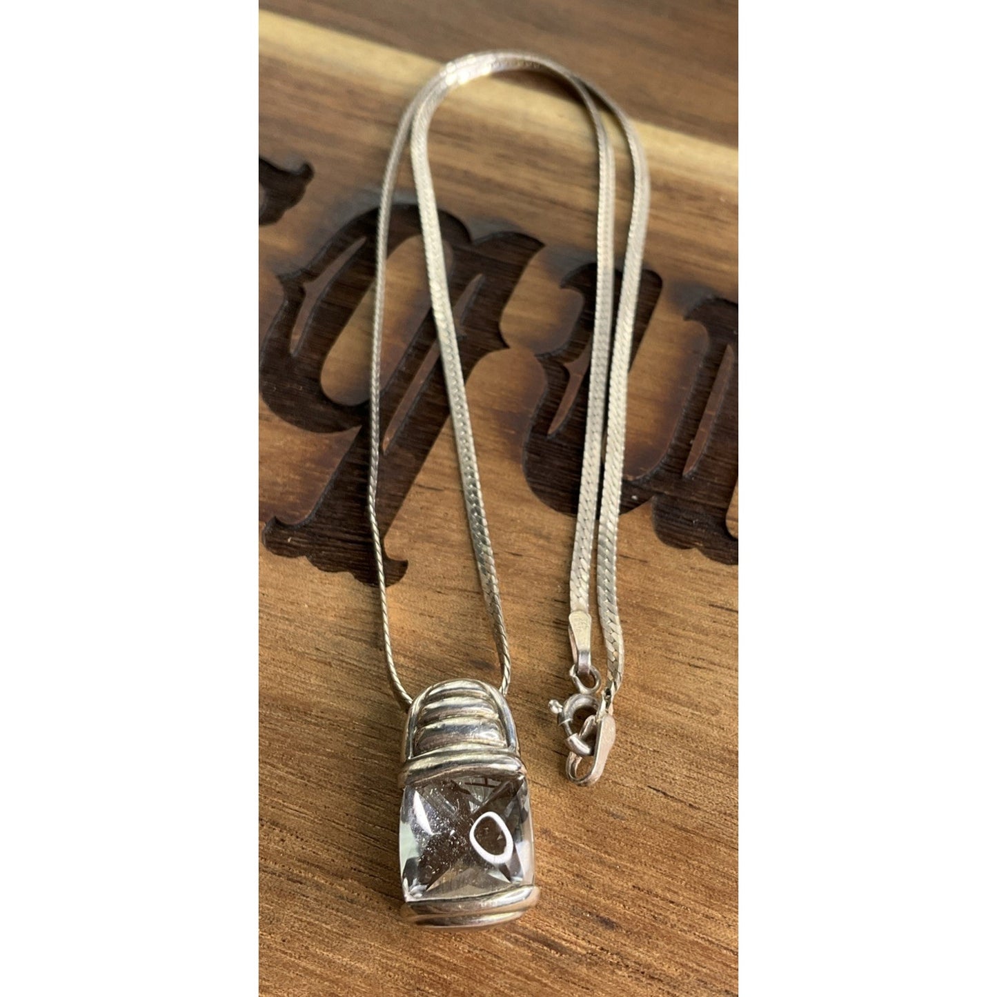 Sterling Silver Herringbone Necklace Clear Crystal Pendant 925
