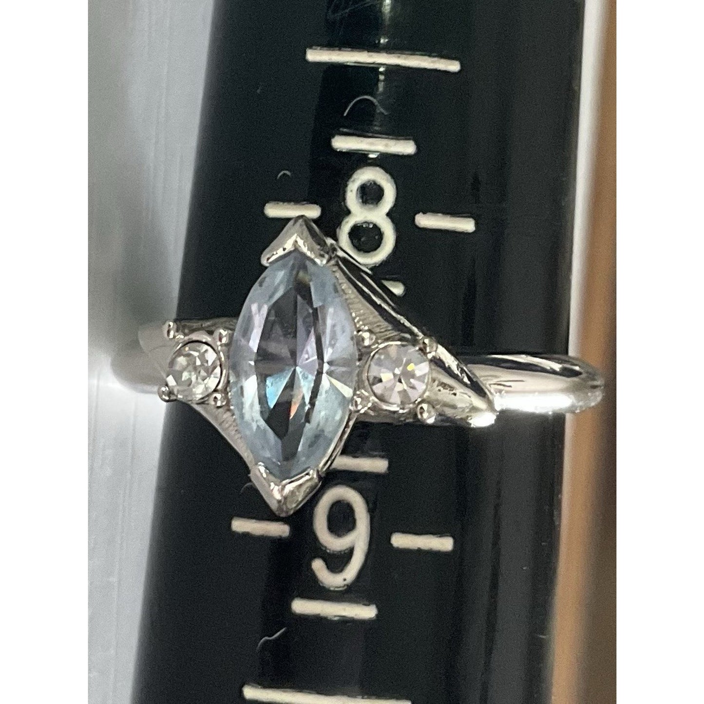 Vintage Sterling Silver 925 Blue Topaz Marquise Ring w CZ Accents Size 8.5