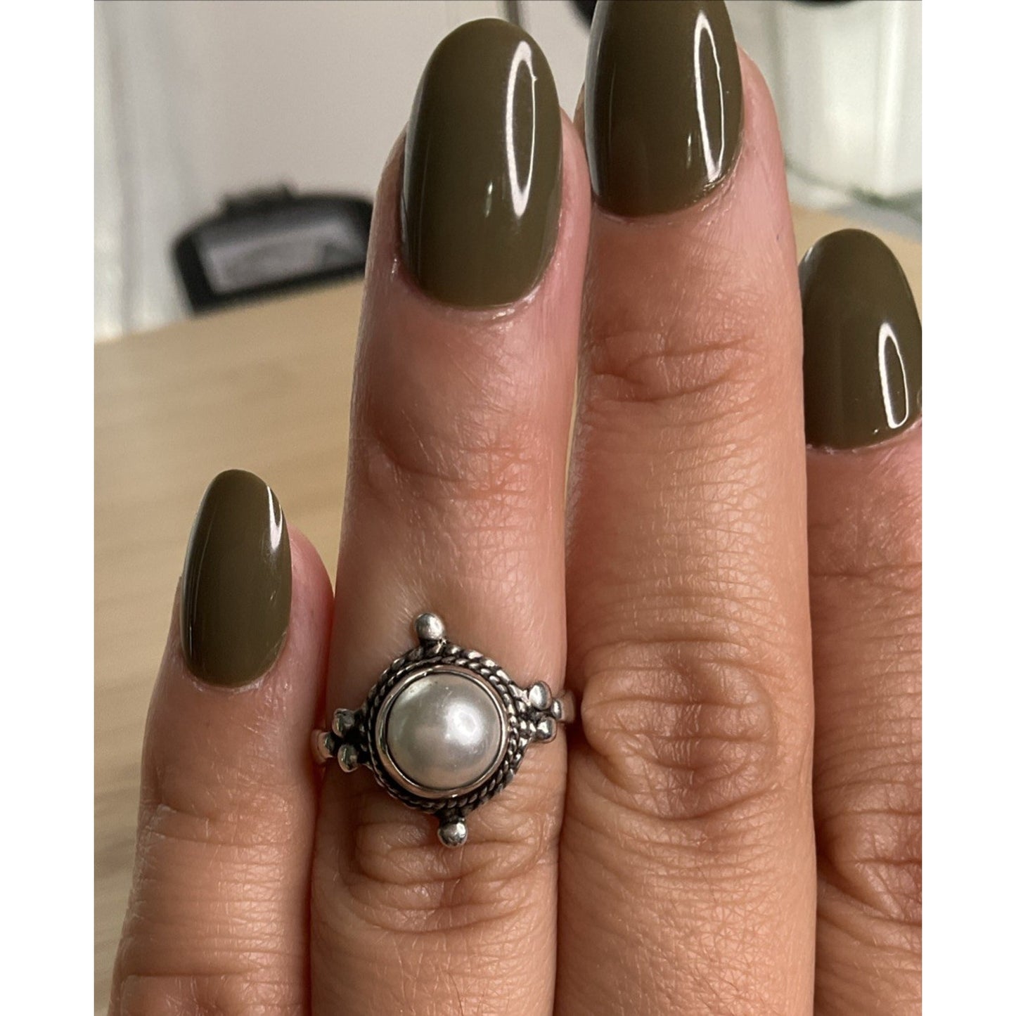 Vintage Sterling Silver Pearl Ring Size 6 Round White Pearl 925 Ring