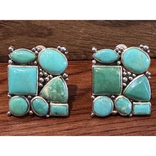 Vintage Sterling Silver Turquoise Clip On Earrings Mosaic Style Southwestern 13g