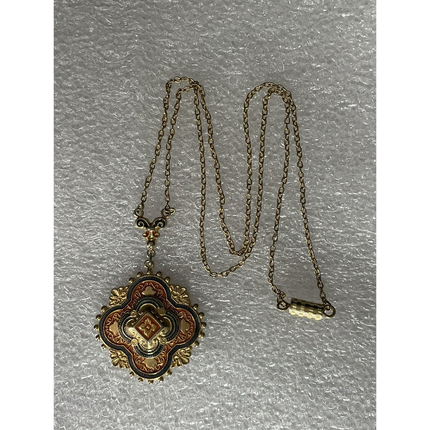 Vintage Gold Tone Damascene Style Necklace w/ Orange Enamel 16.5” Barrel Clasp