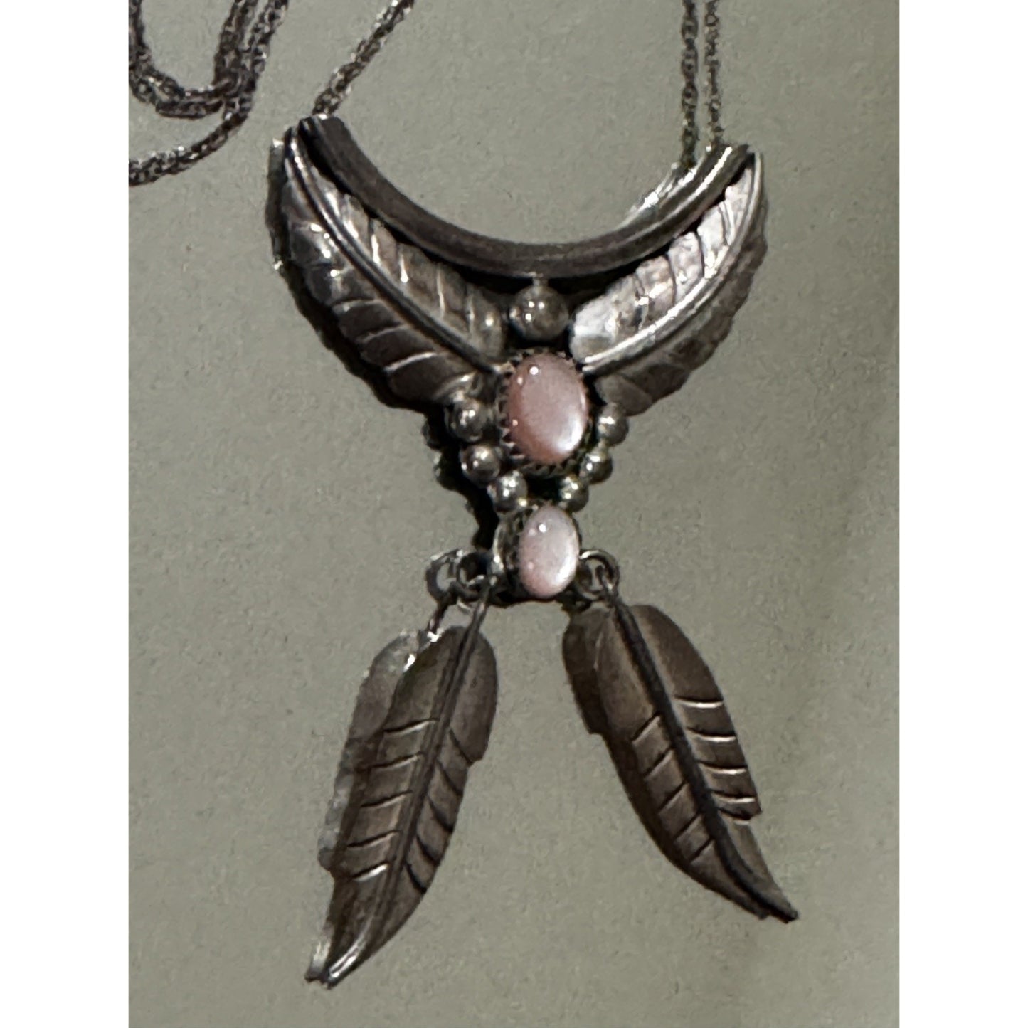 Vintage Navajo Sterling Silver Pink Conch Dangle Feather Necklace Signed S Cline
