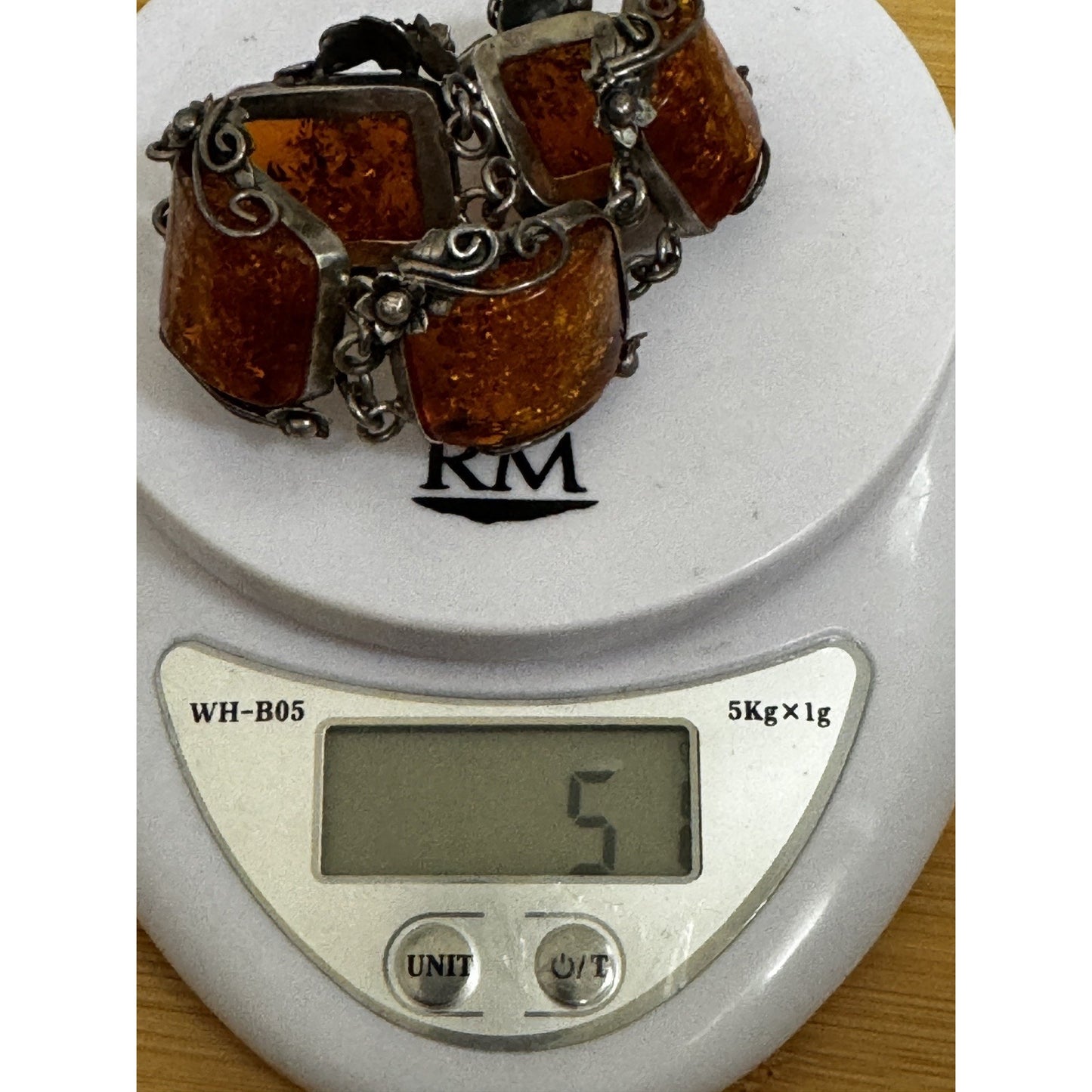 Vintage Baltic Amber Panel Bracelet Sterling Silver Art Nouveau 7 3/4” 51 Grams